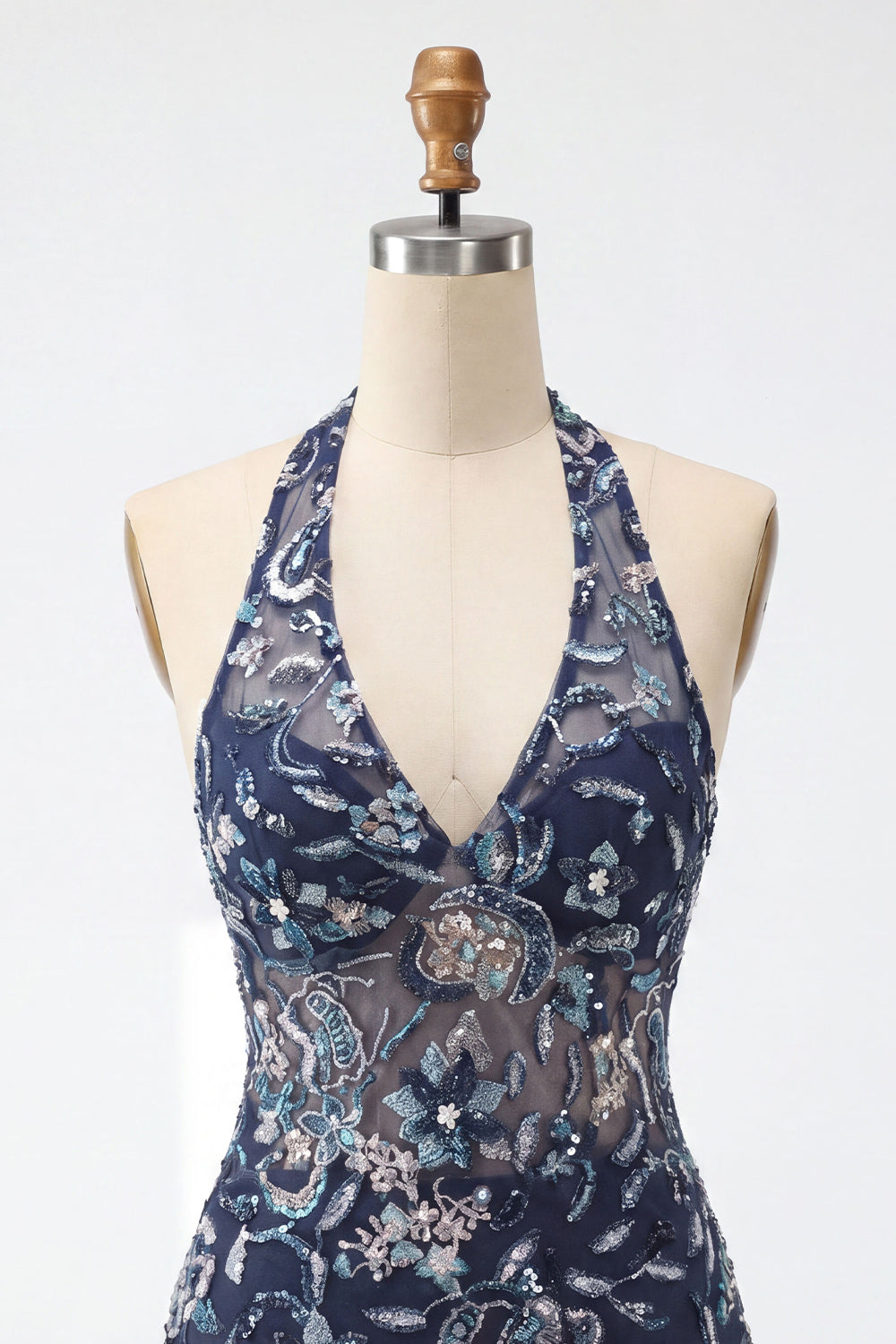 Floral Navy Sparkly Halter Beaded Short Ruffled Tight Cocktail Dress
