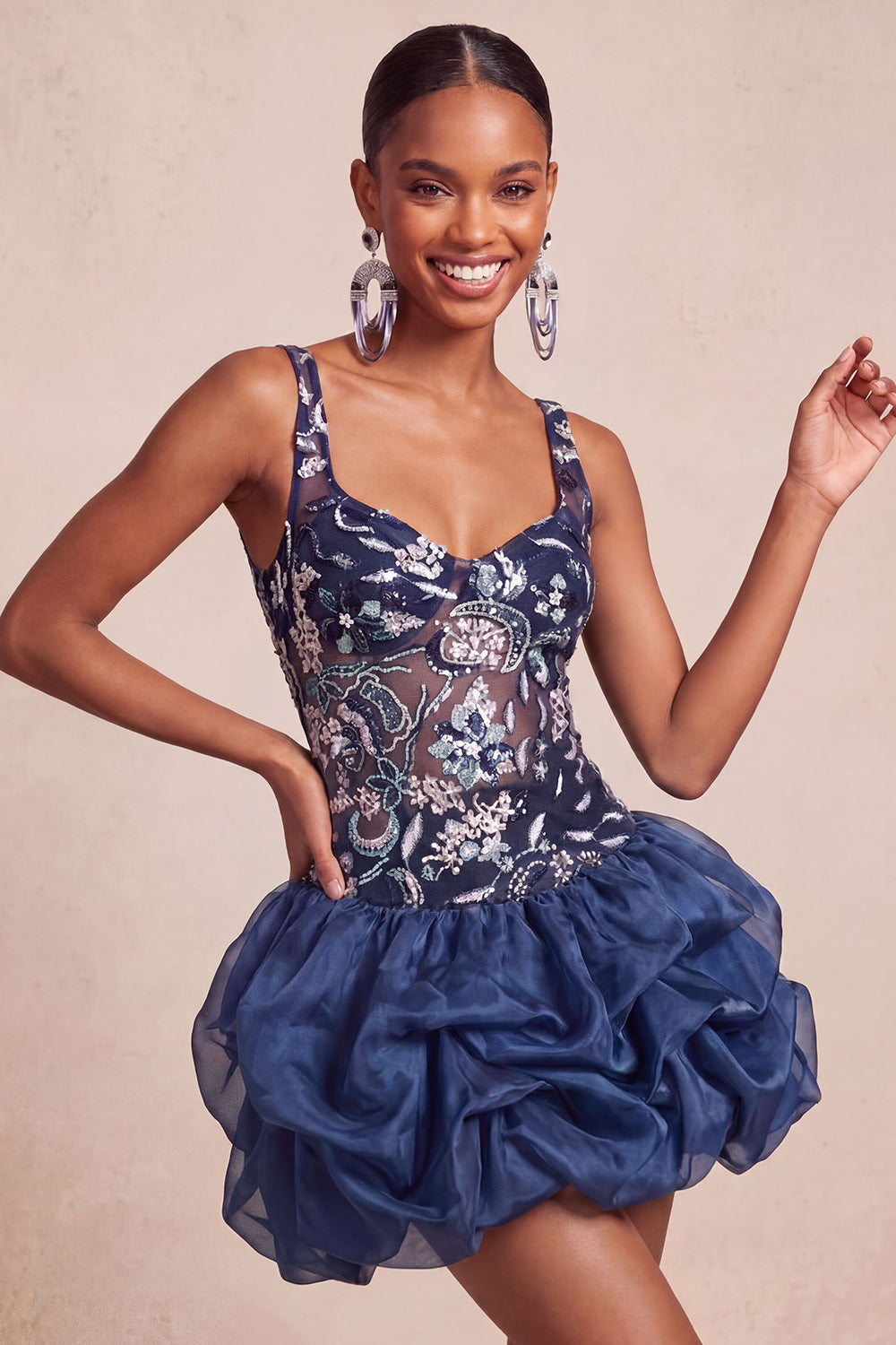 Navy Bubble Sparkly A Line Floral Short Ruffled Beaded Cocktail Dress