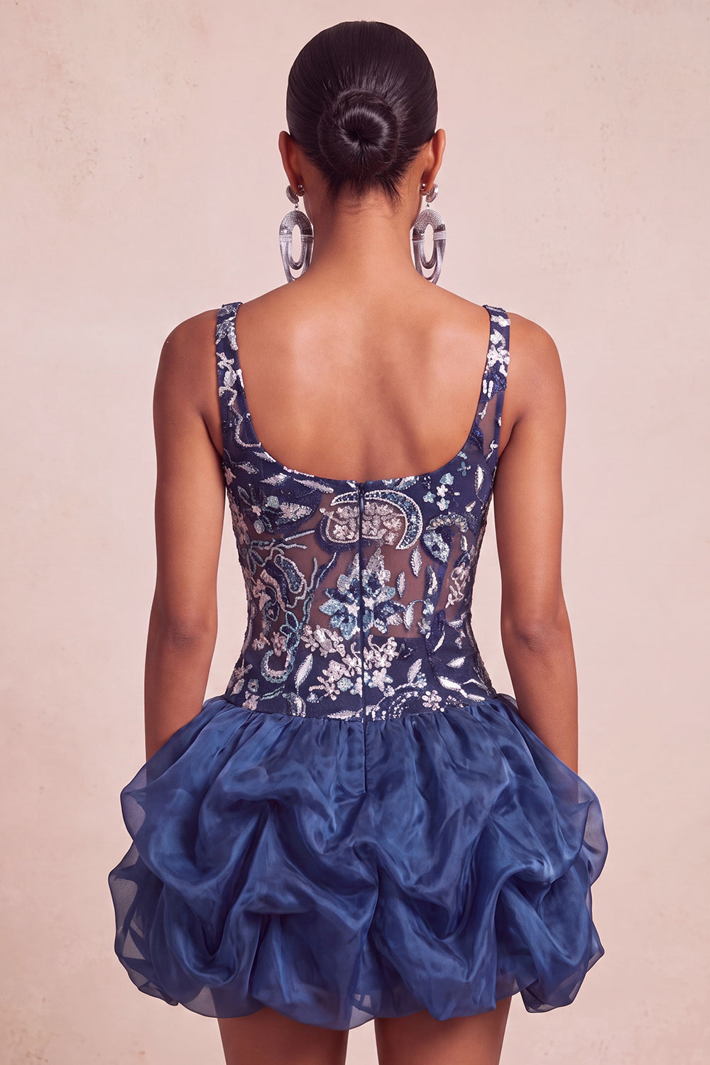Navy Bubble Sparkly A Line Floral Short Ruffled Beaded Cocktail Dress