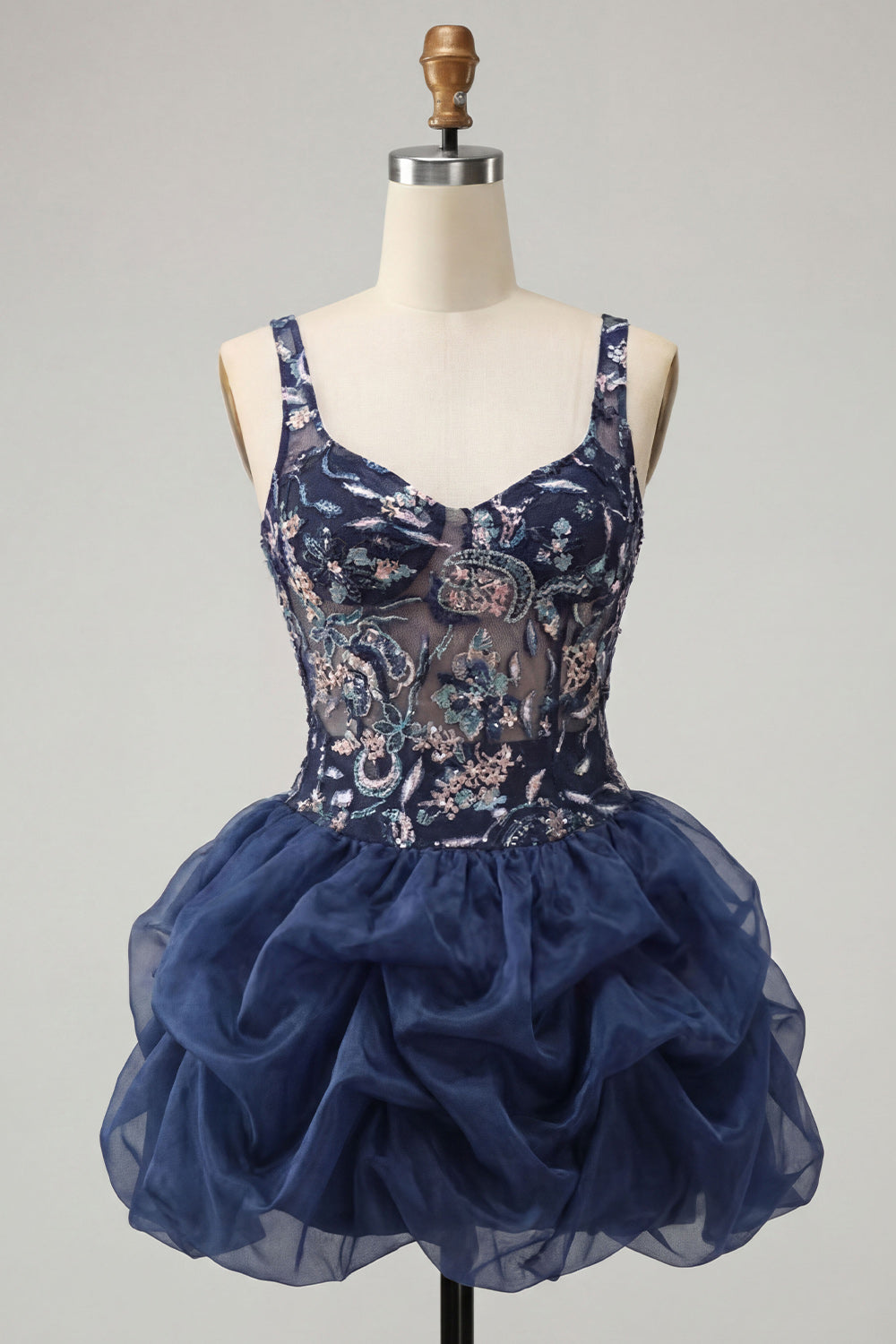 Navy Bubble Sparkly A Line Floral Short Ruffled Beaded Cocktail Dress