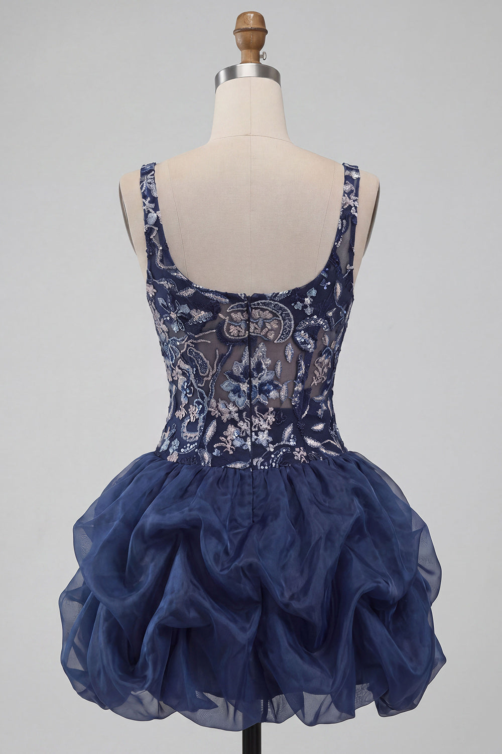 Navy Bubble Sparkly A Line Floral Short Ruffled Beaded Cocktail Dress