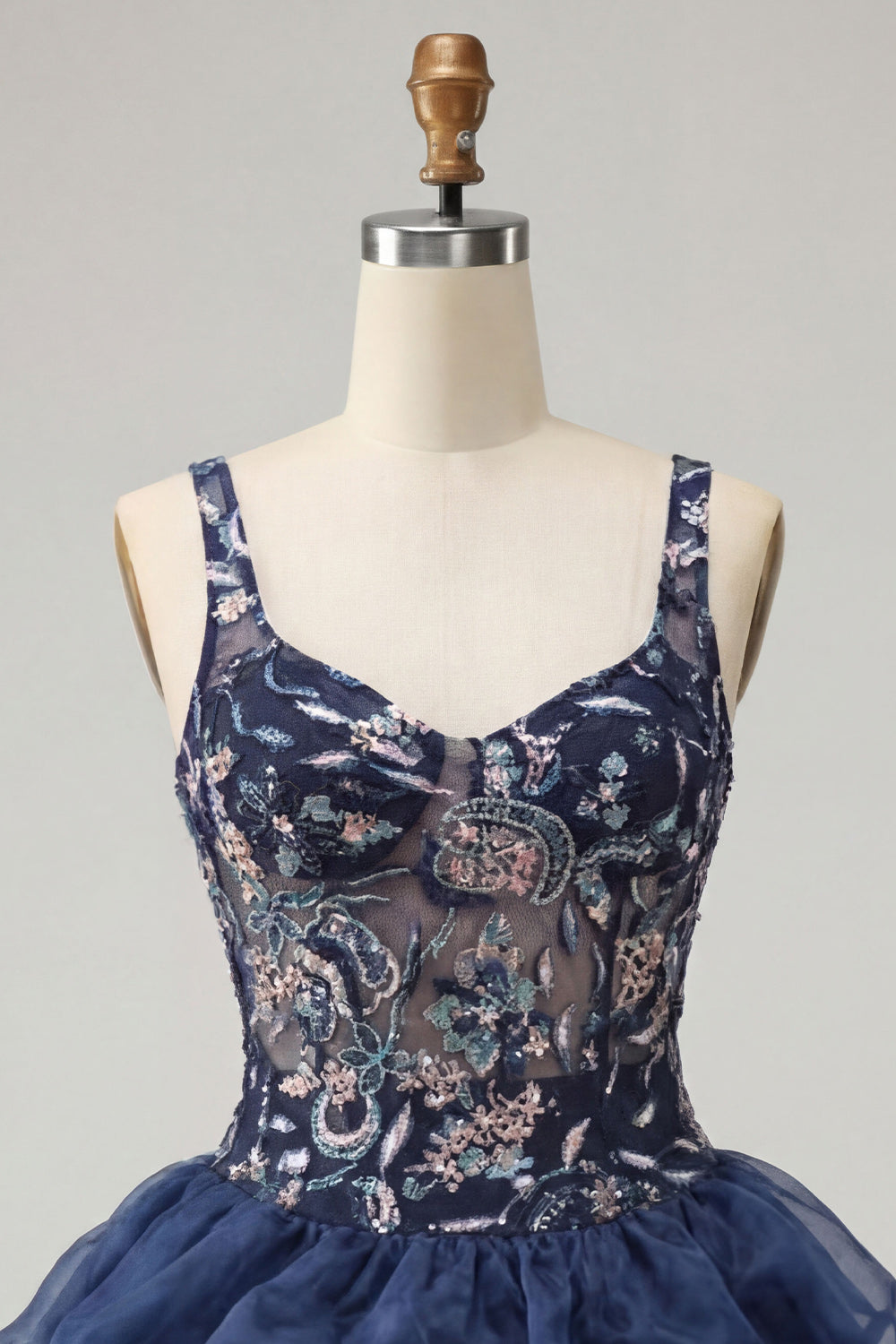 Navy Bubble Sparkly A Line Floral Short Ruffled Beaded Cocktail Dress