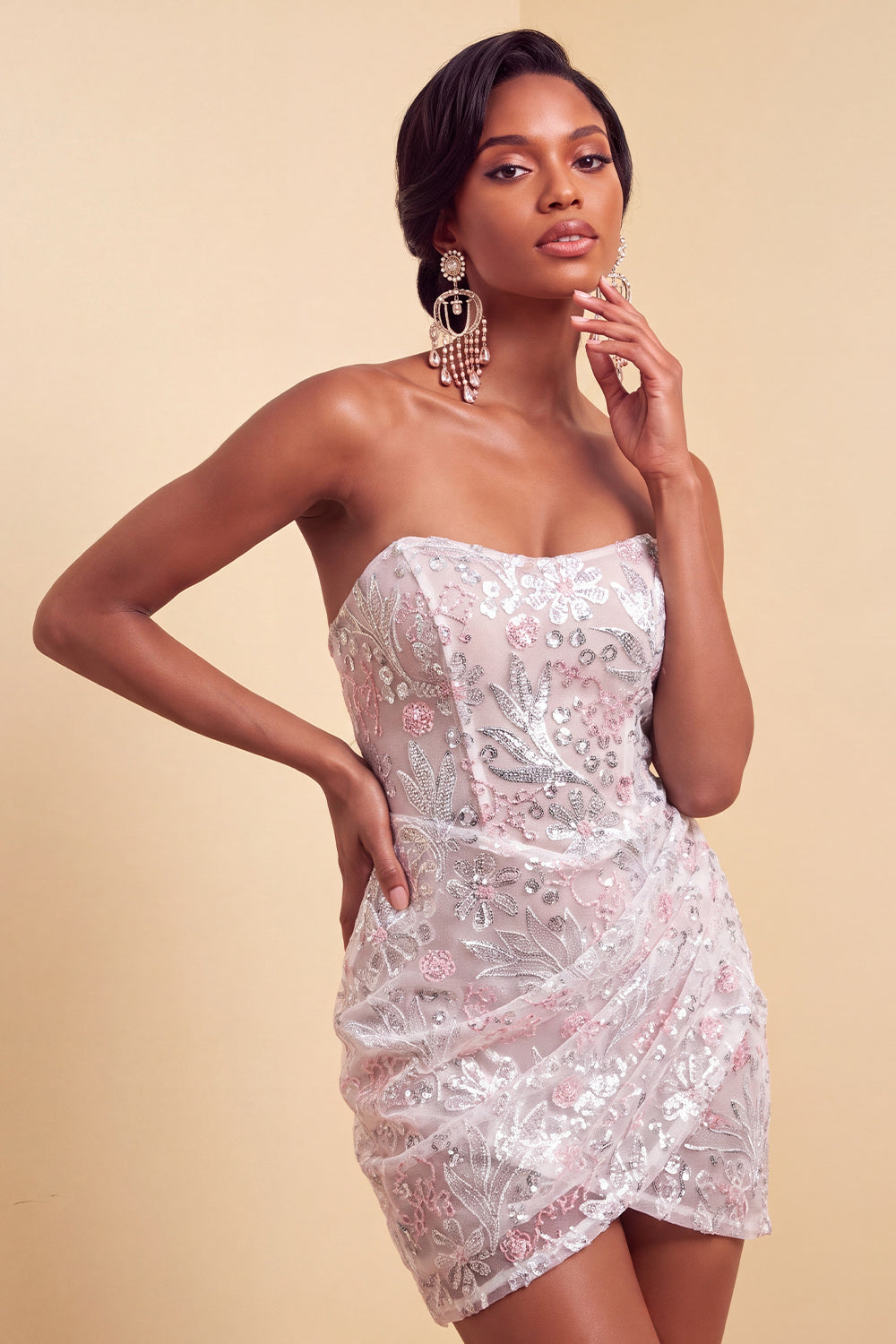 Blush Corset Tight Ruched Sequins Floral Sparkly Short Cocktail Dress