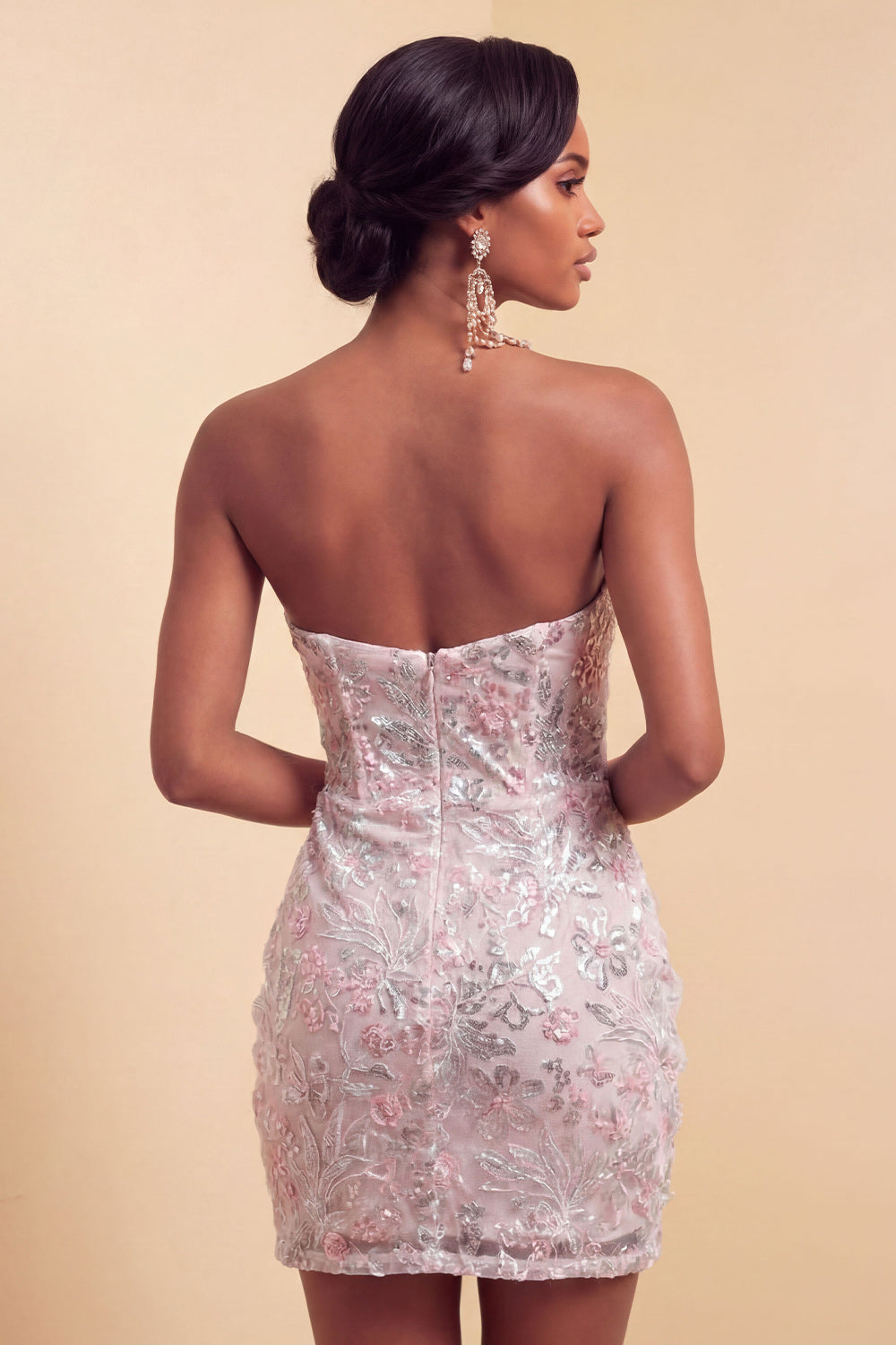 Blush Corset Tight Ruched Sequins Floral Sparkly Short Cocktail Dress