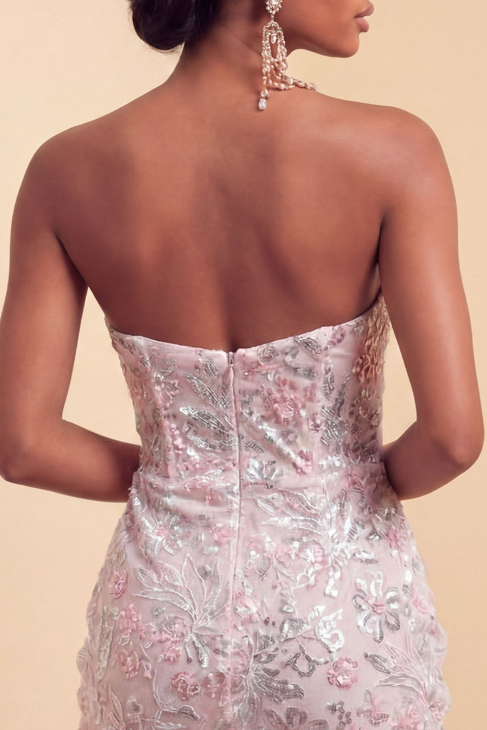 Blush Corset Tight Ruched Sequins Floral Sparkly Short Cocktail Dress