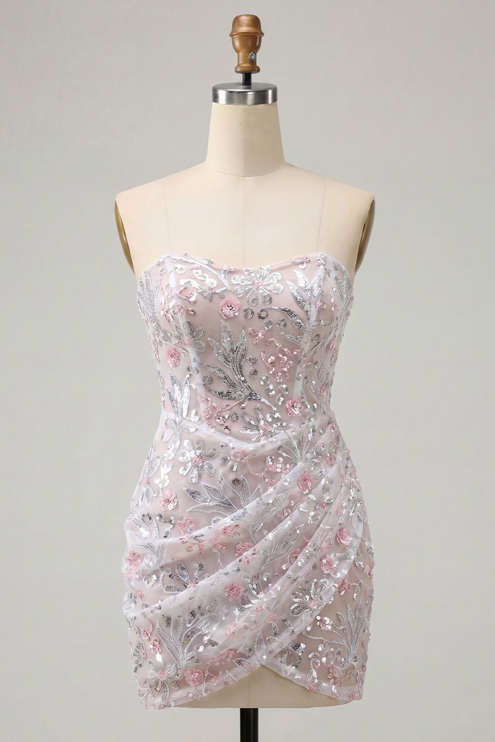 Blush Corset Tight Ruched Sequins Floral Sparkly Short Cocktail Dress