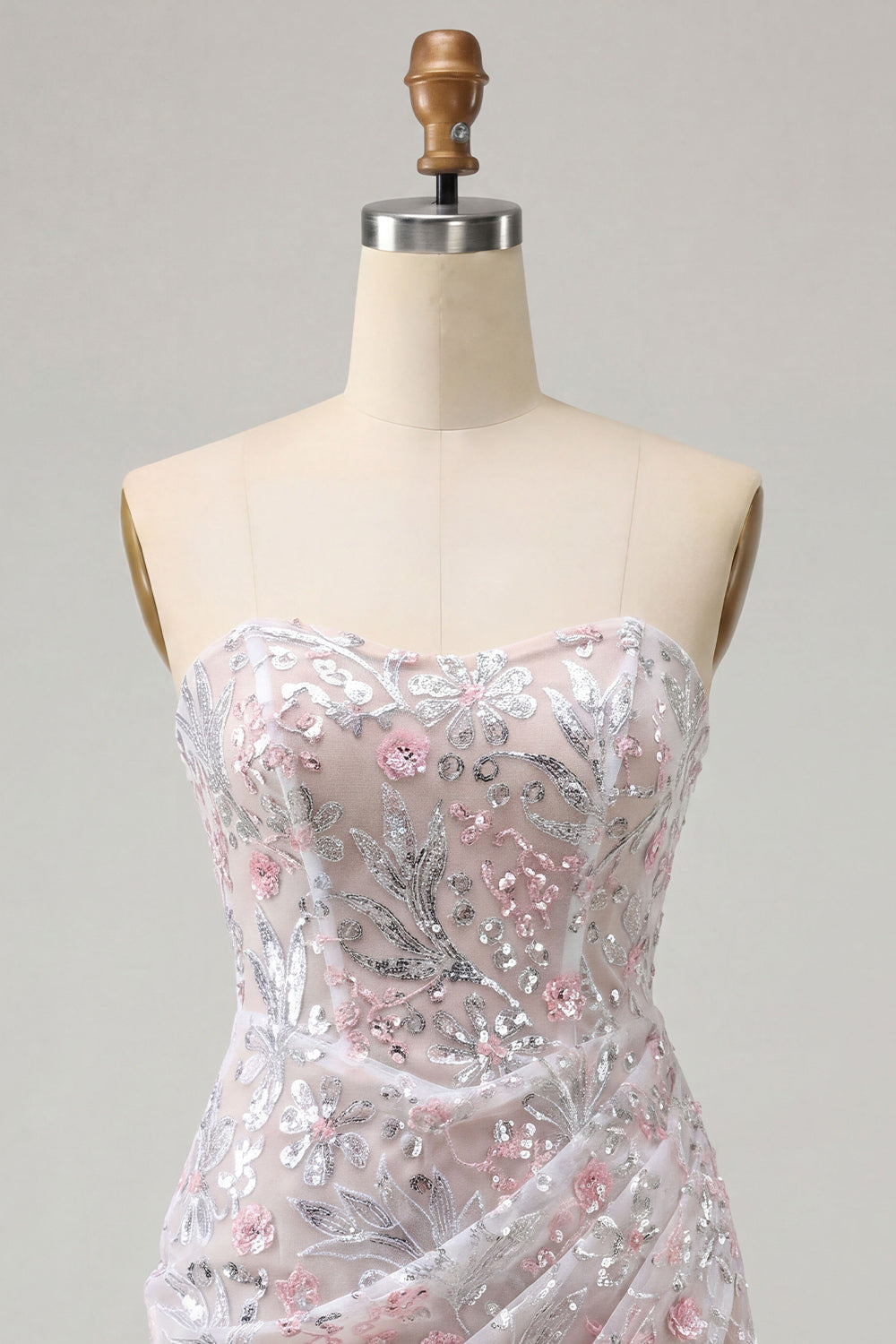 Blush Corset Tight Ruched Sequins Floral Sparkly Short Cocktail Dress