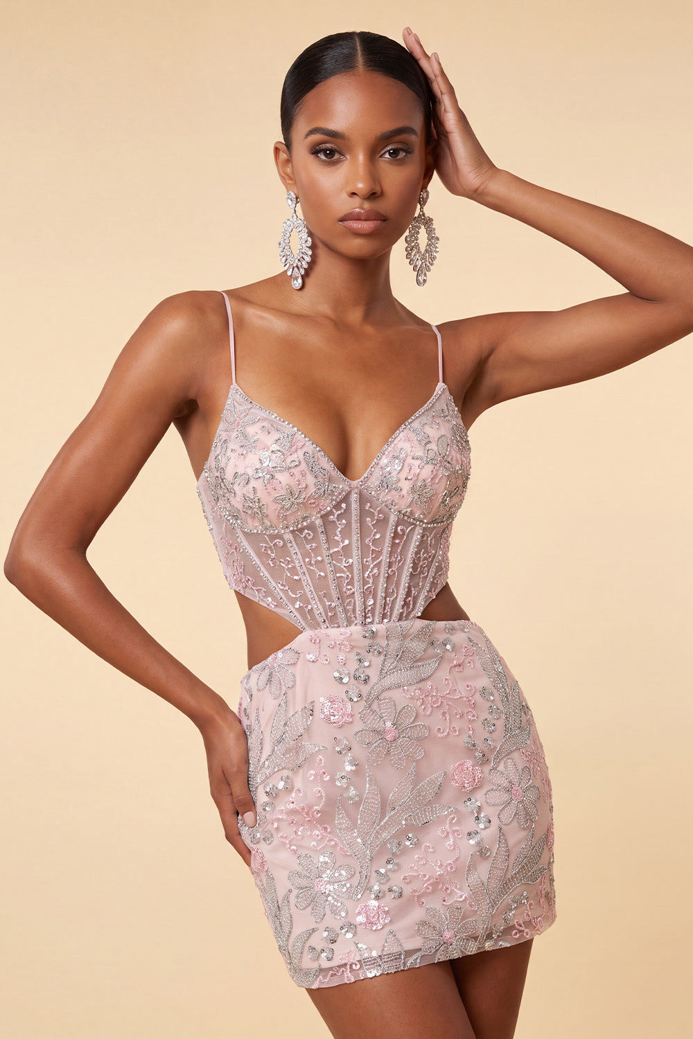 Floral Blush Corset Tight Cut Out Short Sparkly Cocktail Dress