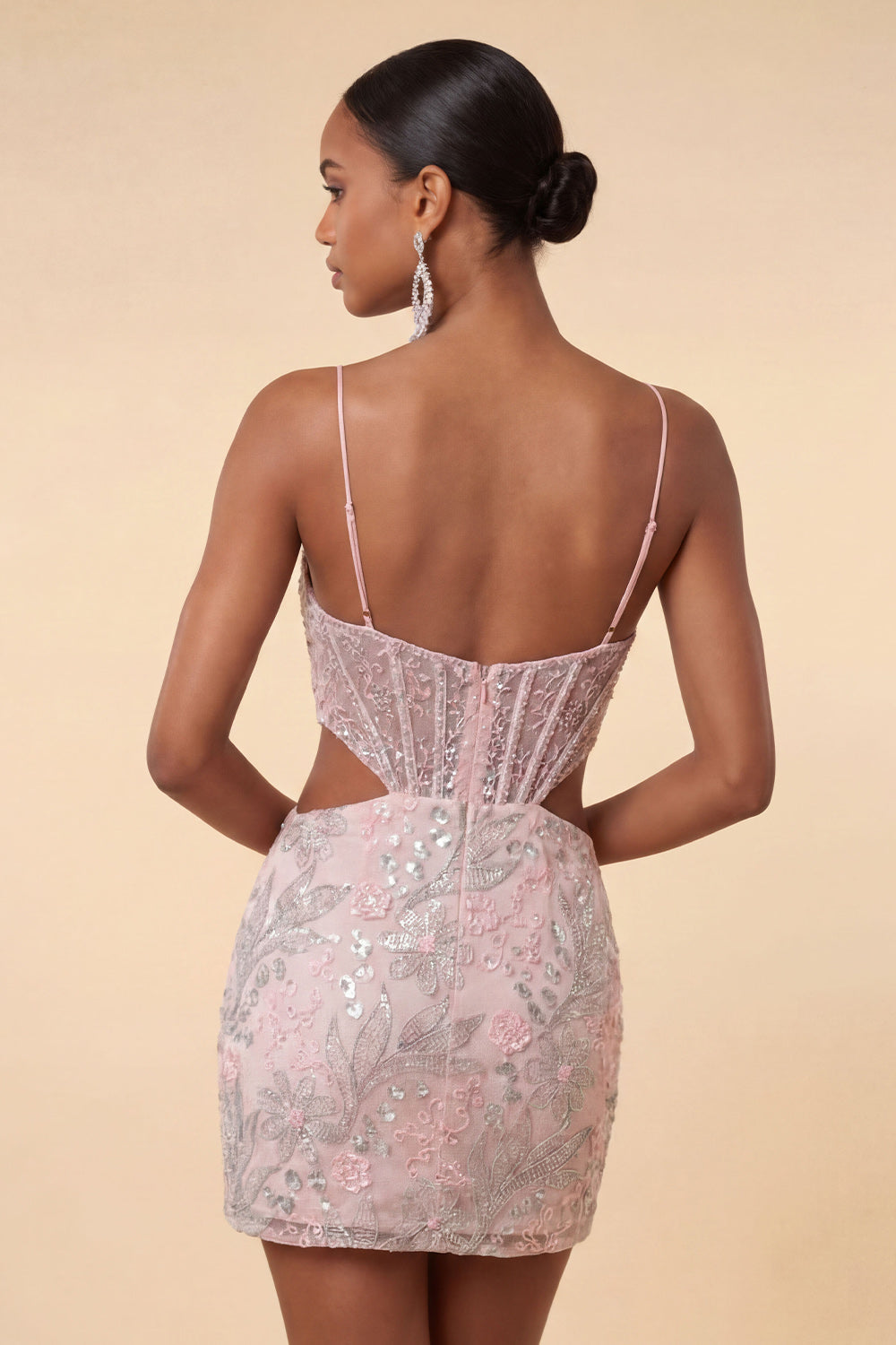 Floral Blush Corset Tight Cut Out Short Sparkly Cocktail Dress