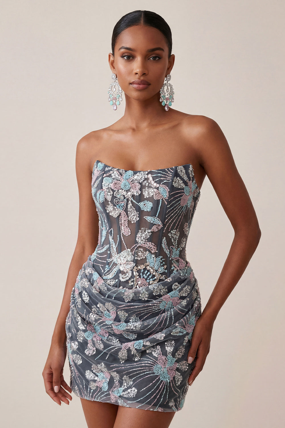 Dark Grey Corset Floral Sparkly Strapless Short Tight Cocktail Dress