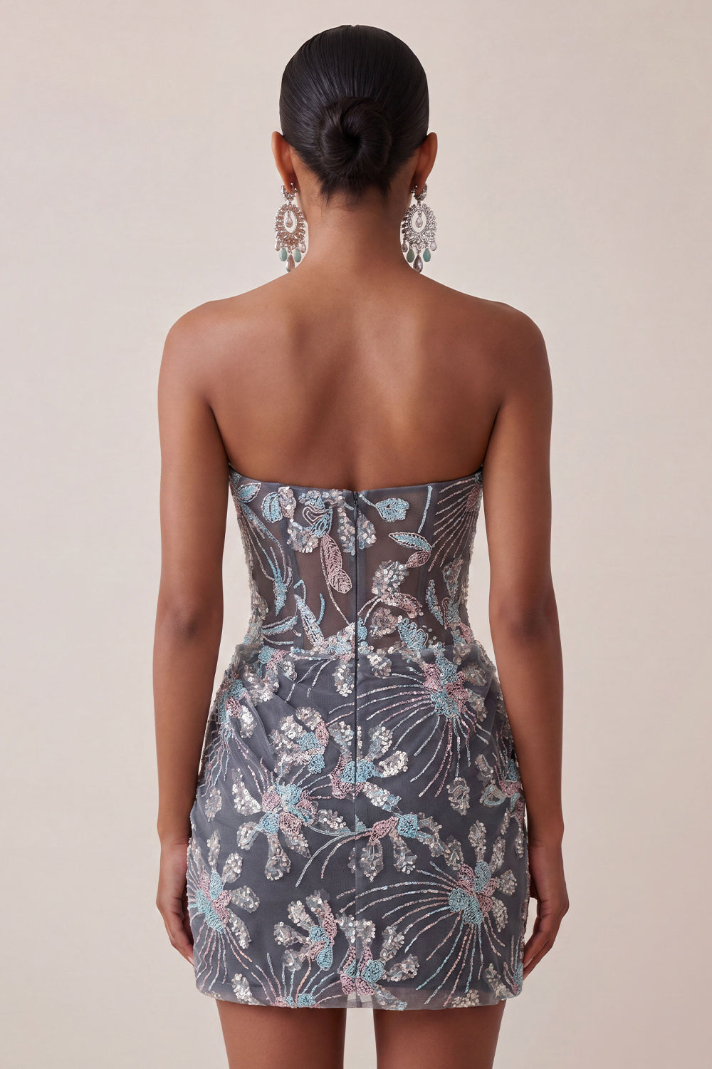 Dark Grey Corset Floral Sparkly Strapless Short Tight Cocktail Dress