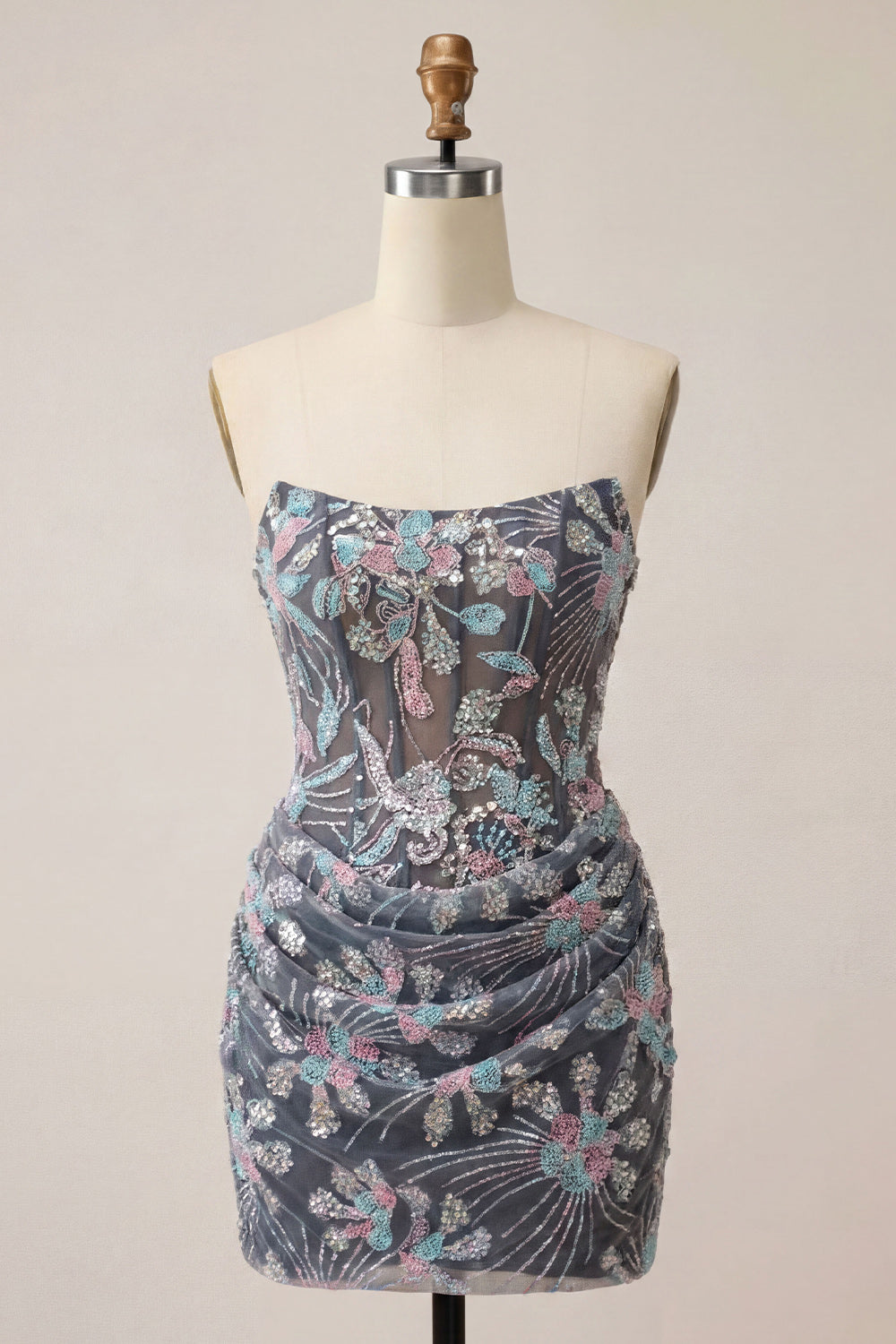 Dark Grey Corset Floral Sparkly Strapless Short Tight Cocktail Dress