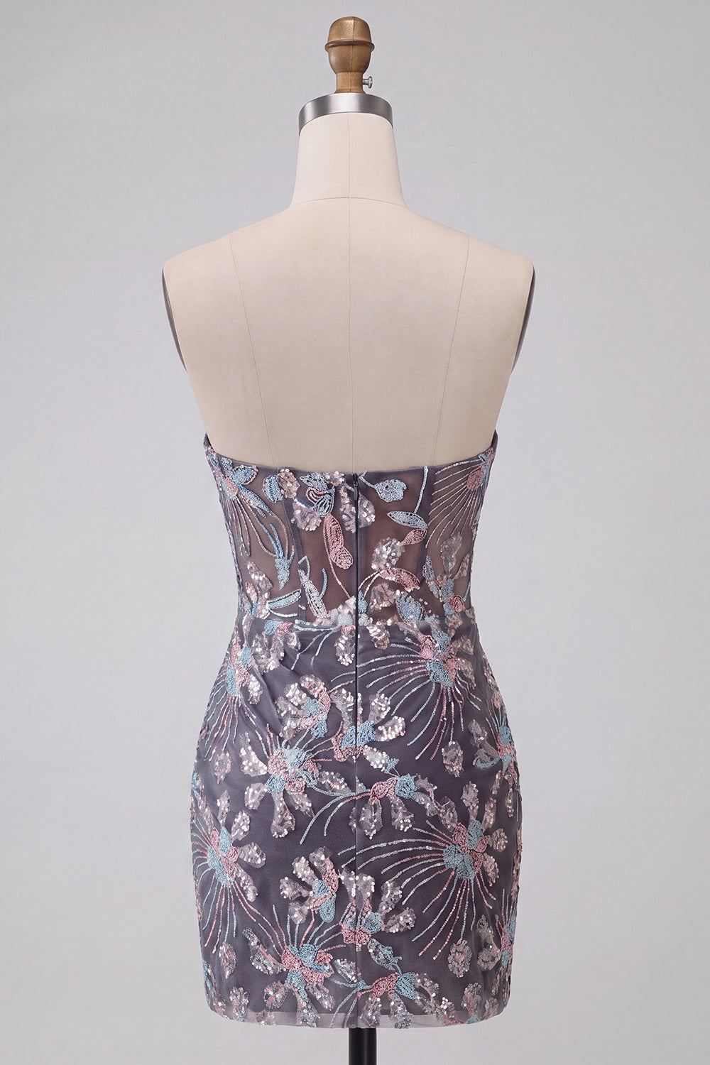 Dark Grey Corset Floral Sparkly Strapless Short Tight Cocktail Dress