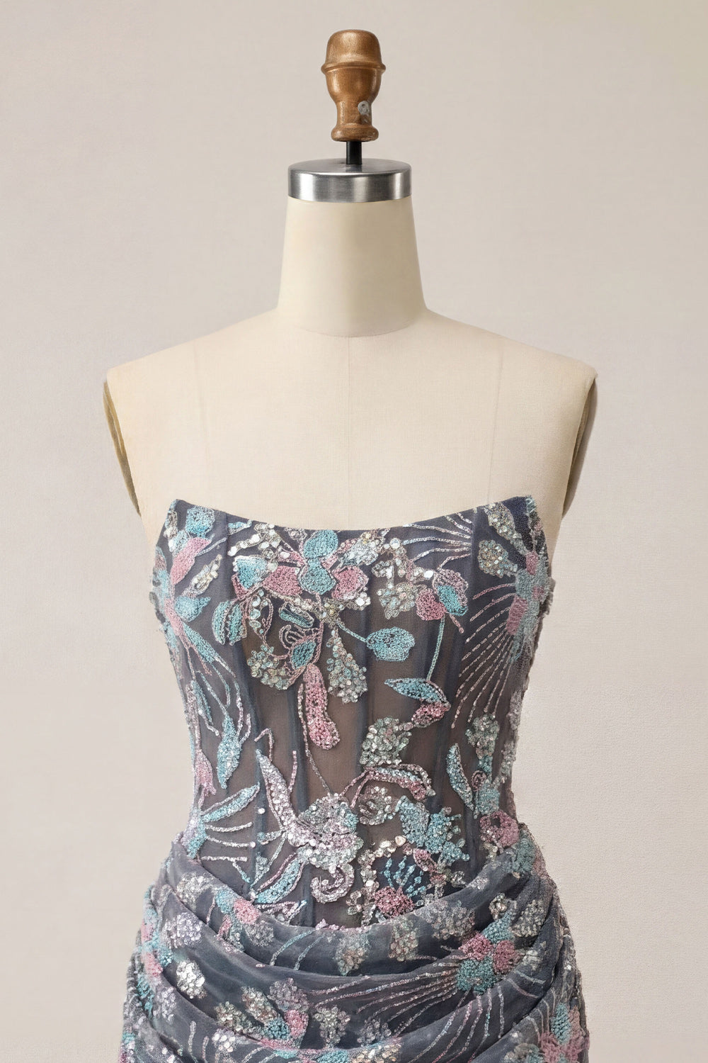 Dark Grey Corset Floral Sparkly Strapless Short Tight Cocktail Dress