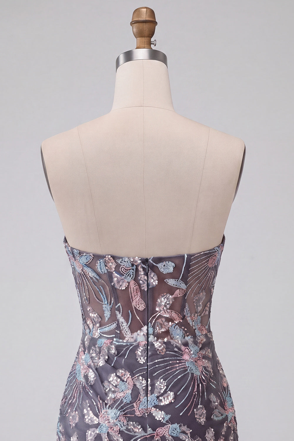 Dark Grey Corset Floral Sparkly Strapless Short Tight Cocktail Dress
