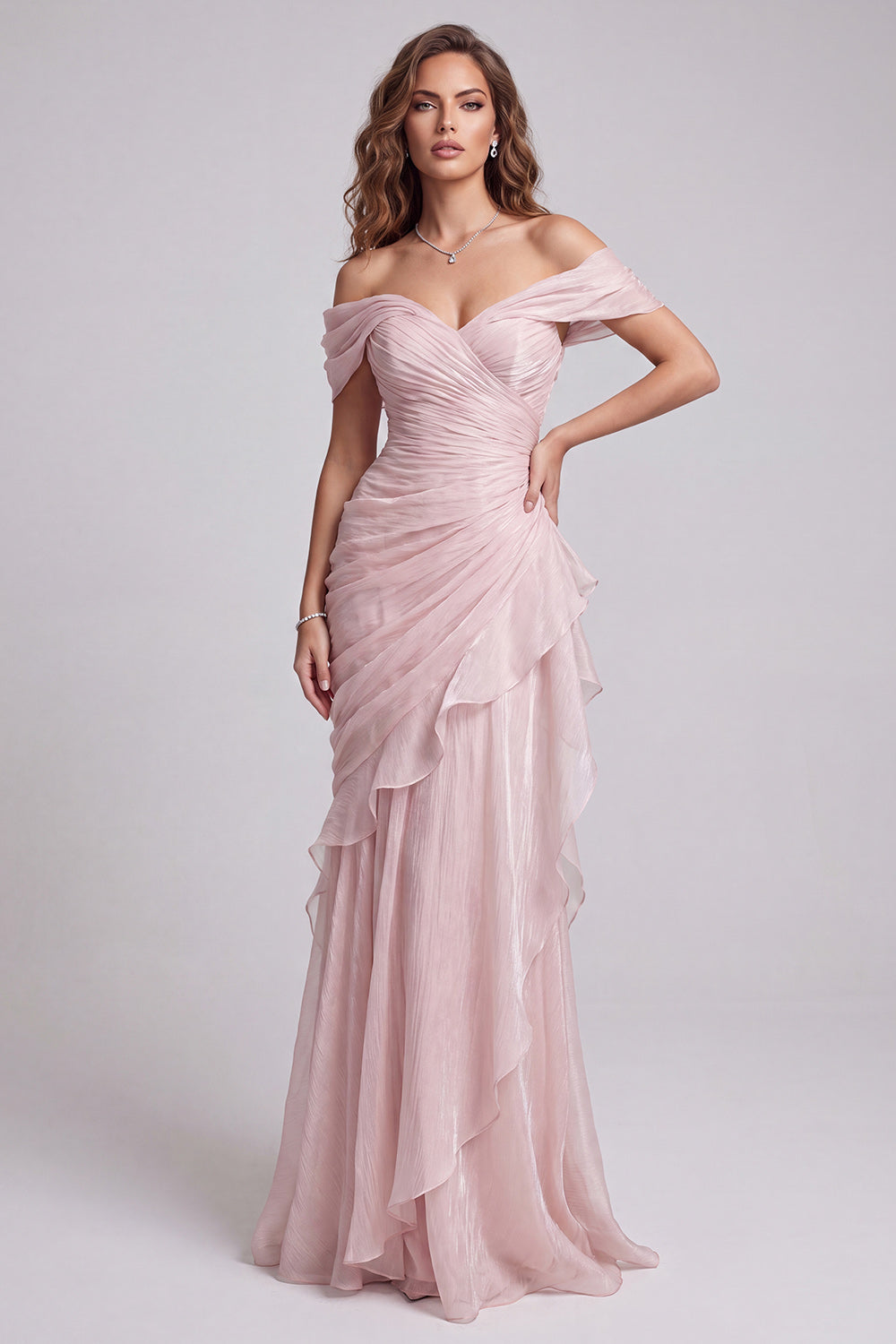 women's light pink off the shoulder dress formal Dresstells Women Mermaid Long Ruffled Wedding Guest Organza Ruched Dress Sunset dinner outfit