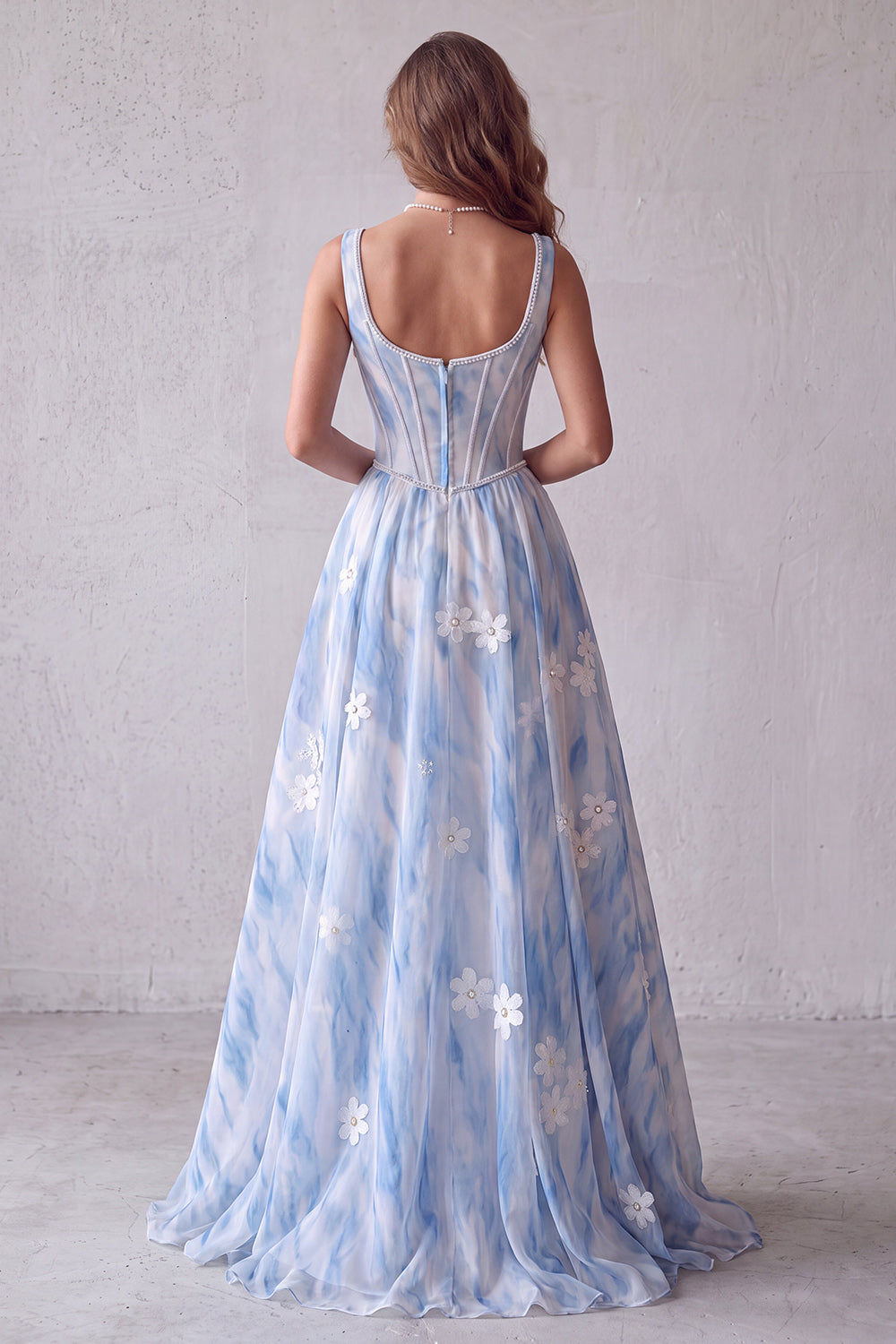 Light Blue A Line Floral Beaded Corset Long Wedding Guest Dress