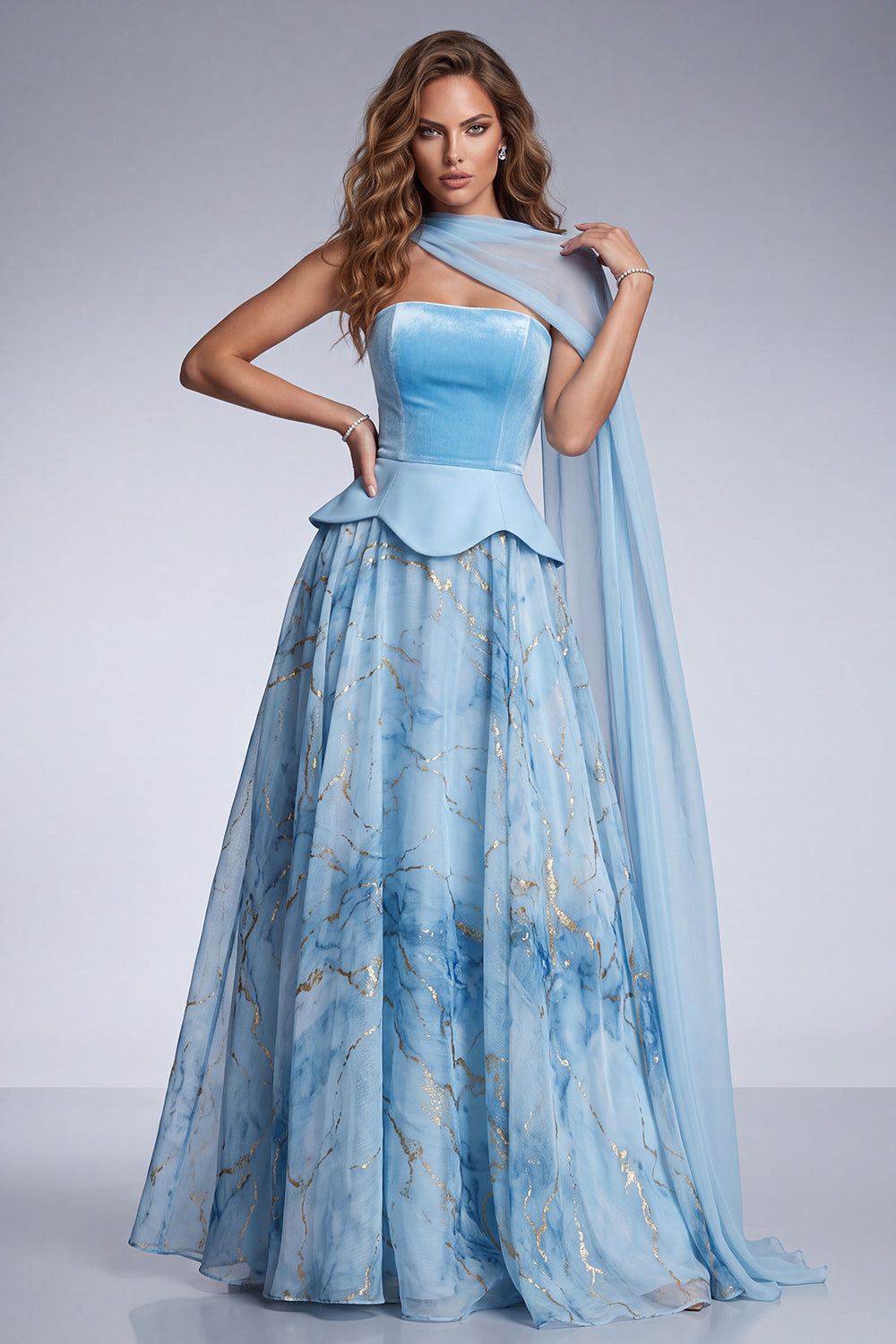 Sky Blue Velvet Strapless A Line Long Wedding Guest Dress with Side Cape