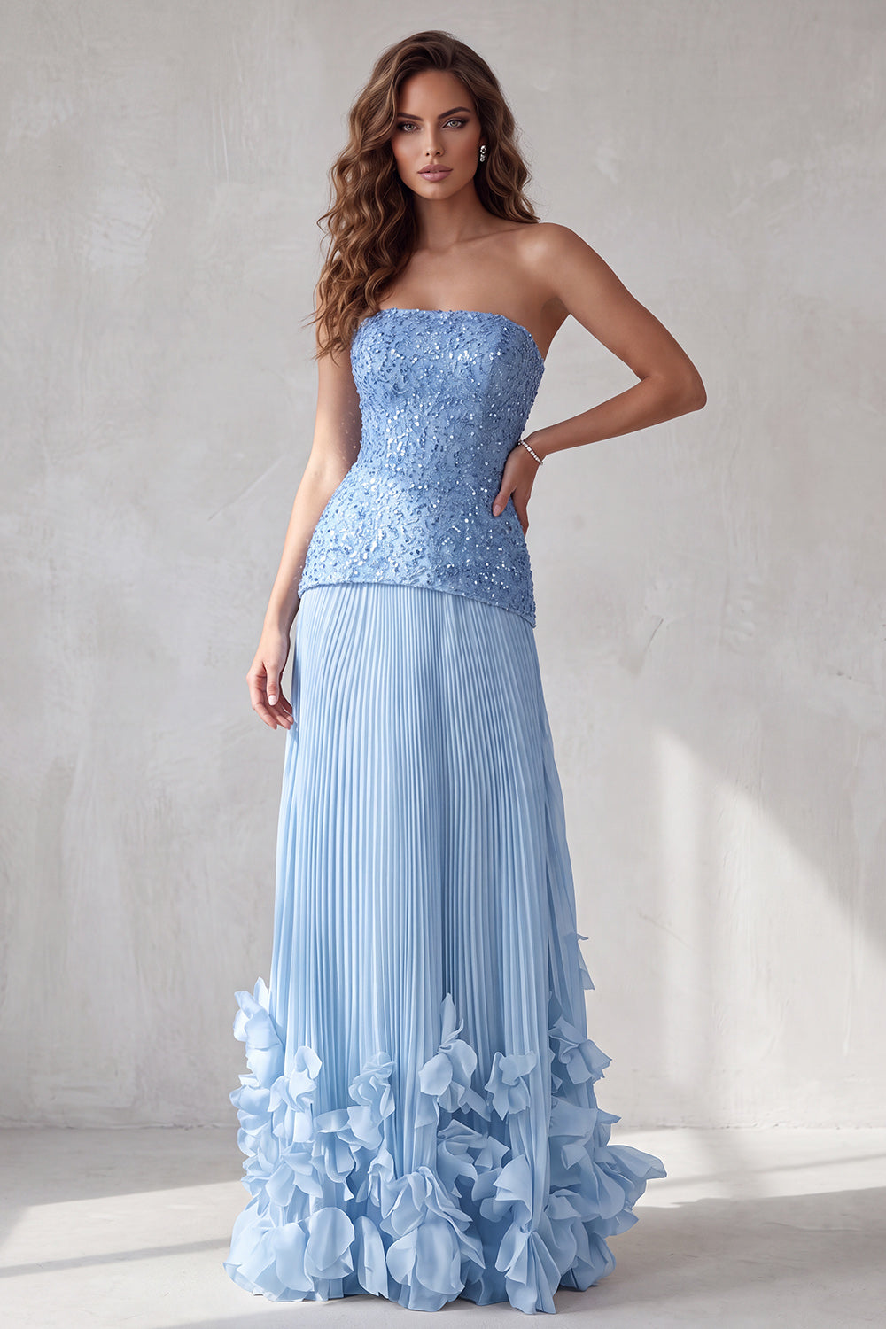 Sparkly Blue Pleated Sequin A Line Long Wedding Guest Dress with 3D Flowers