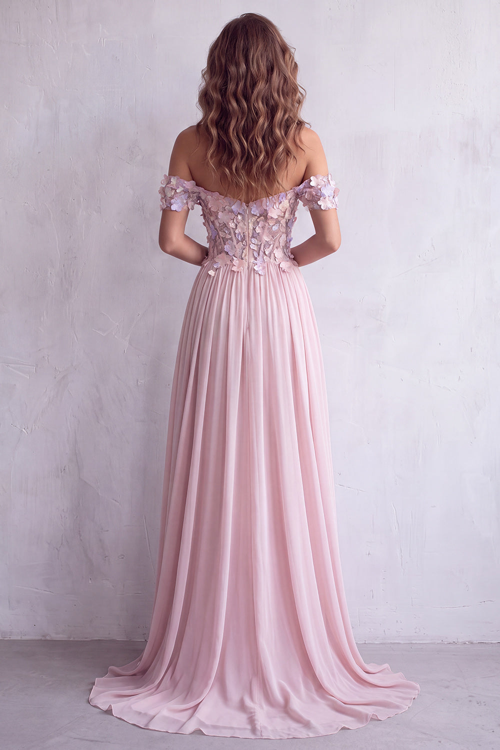 Light Pink Floral Corset A Line Chiffon Long Wedding Guest Dress
