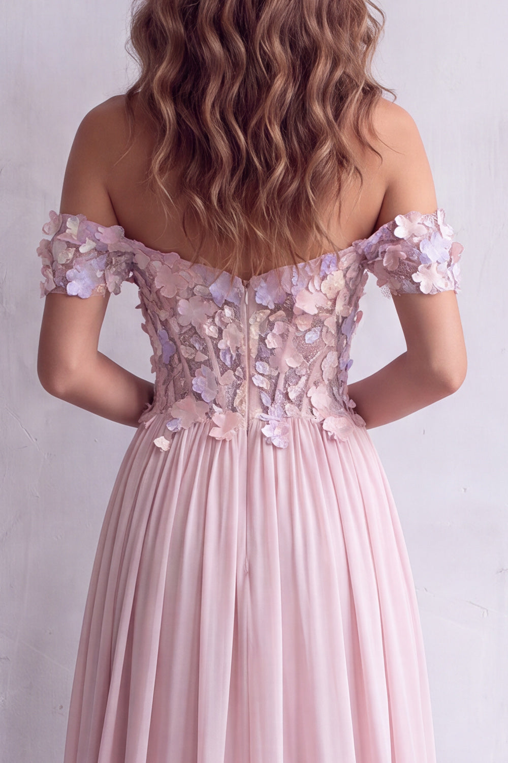 Light Pink Floral Corset A Line Chiffon Long Wedding Guest Dress