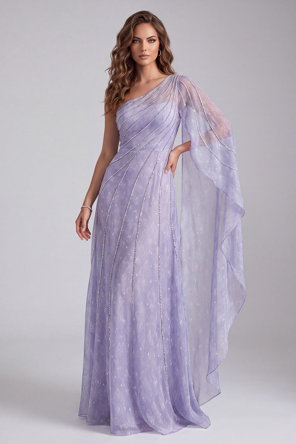 Lilac Sparkly Beaded One Shoulder Long Wedding Guest Dress with Side Cape