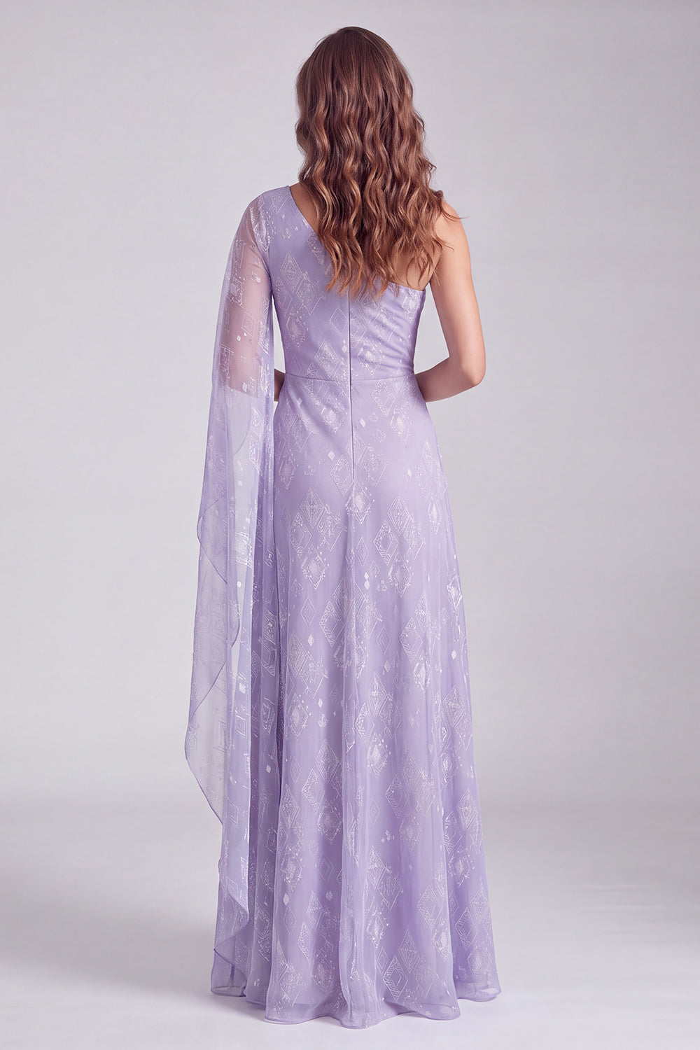 Lilac Sparkly Beaded One Shoulder Long Wedding Guest Dress with Side Cape