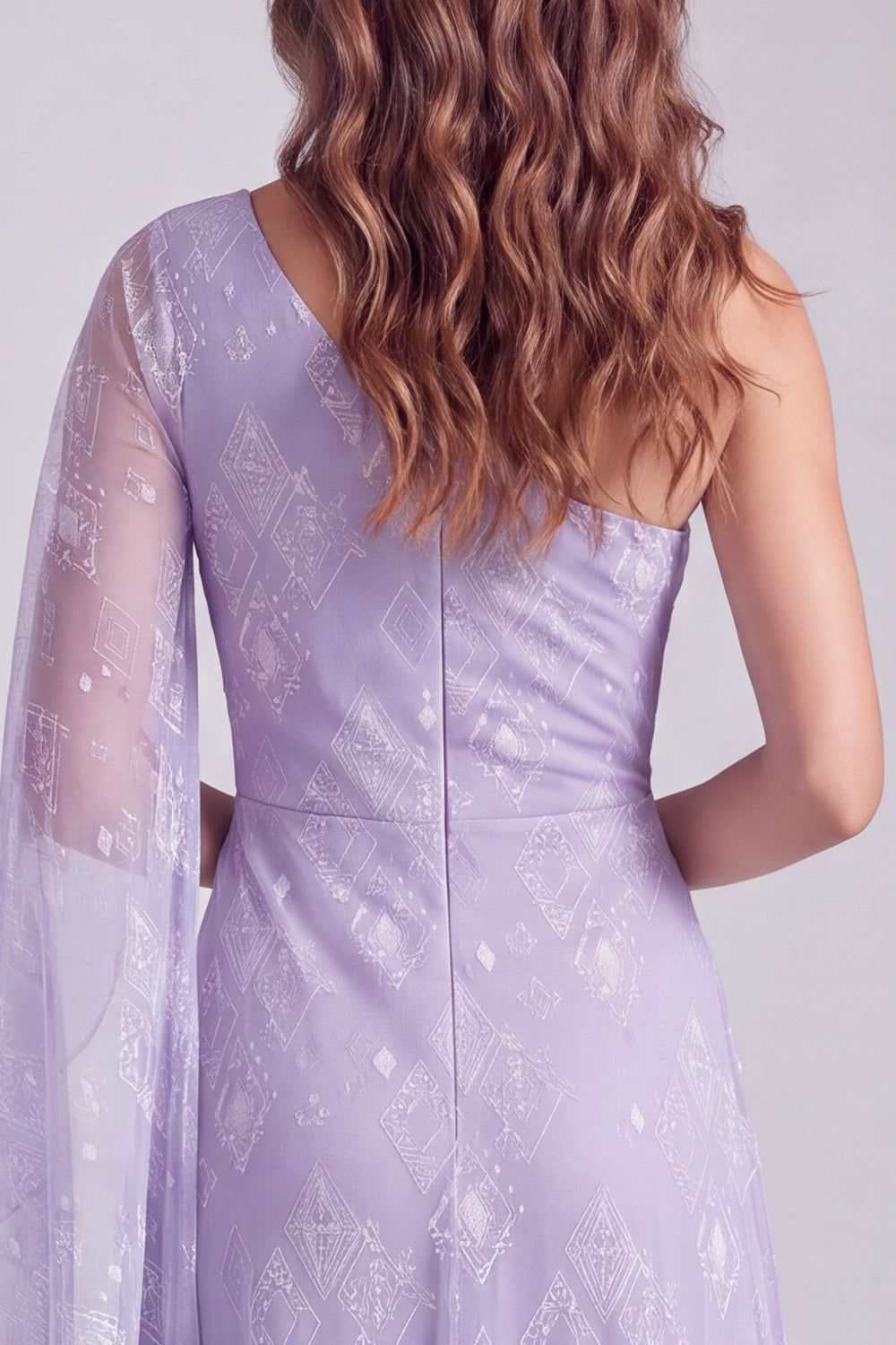 Lilac Sparkly Beaded One Shoulder Long Wedding Guest Dress with Side Cape