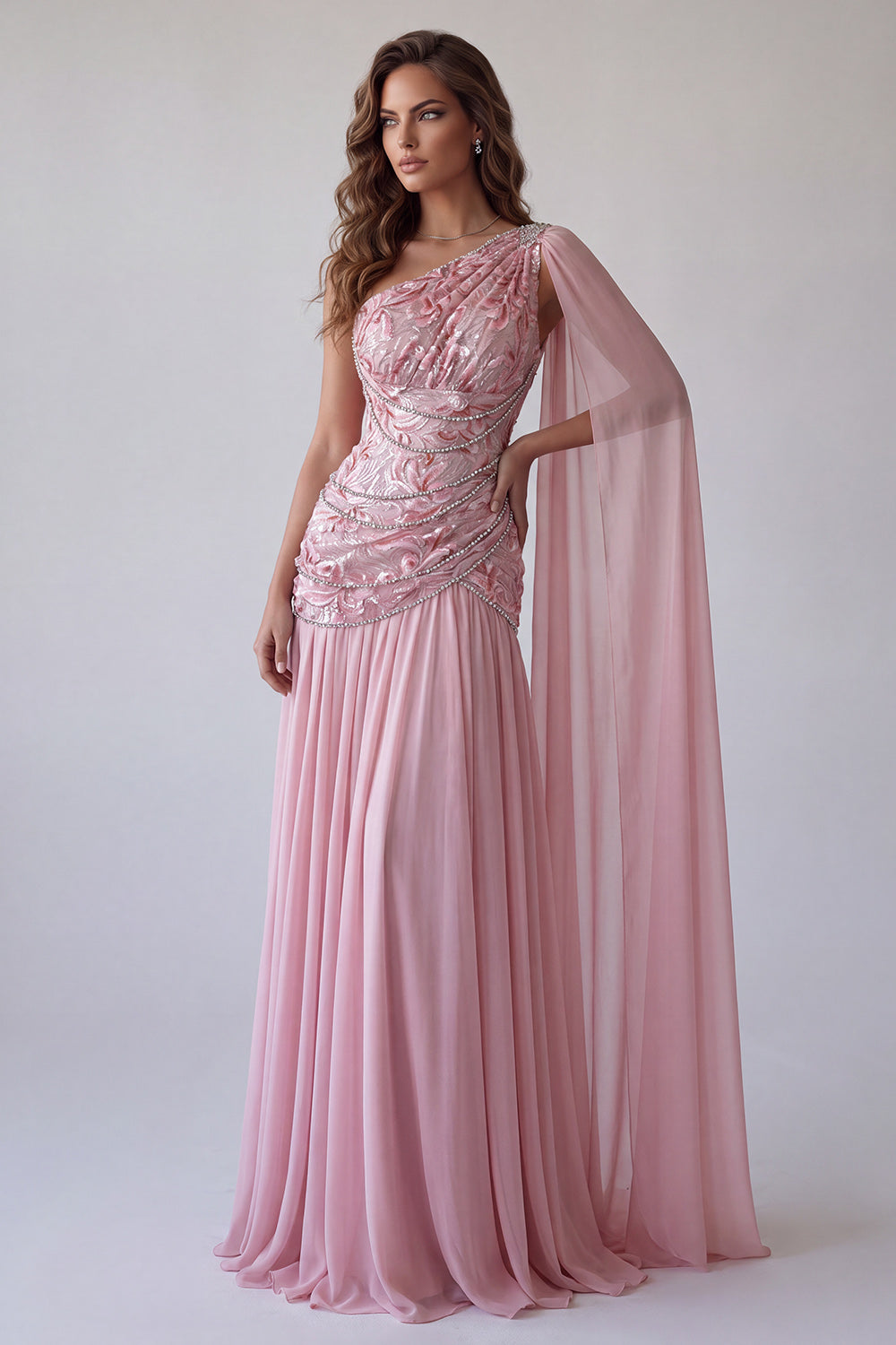 Pink Floral A Line Beaded One Shoulder Long Wedding Guest Dress with Side Cape