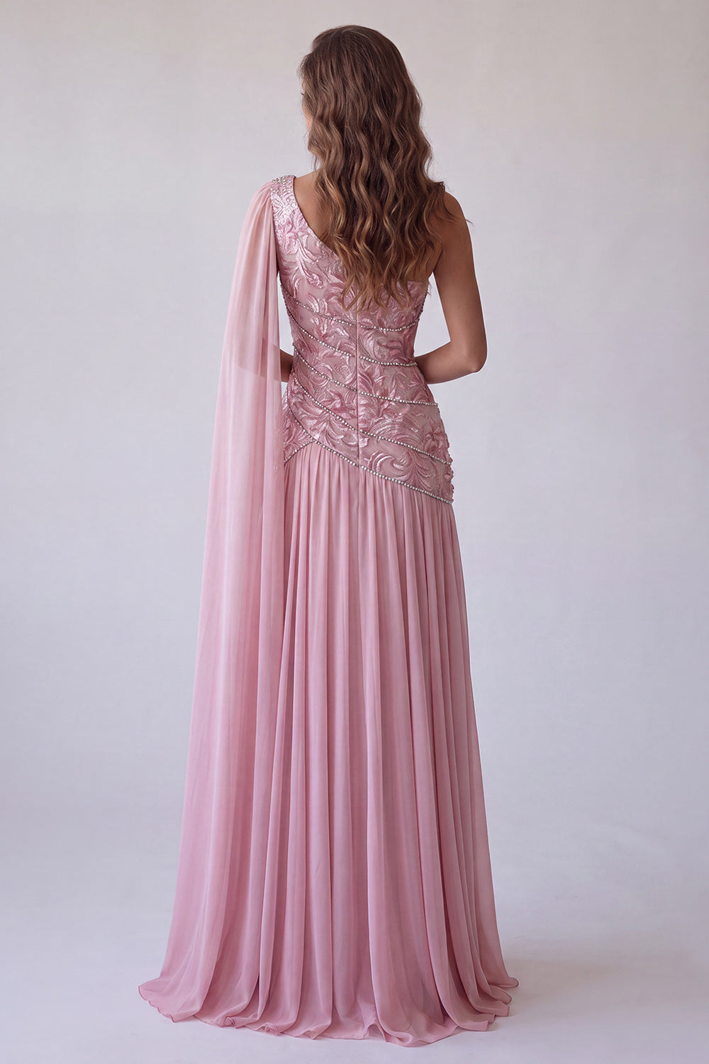 Pink Floral A Line Beaded One Shoulder Long Wedding Guest Dress with Side Cape