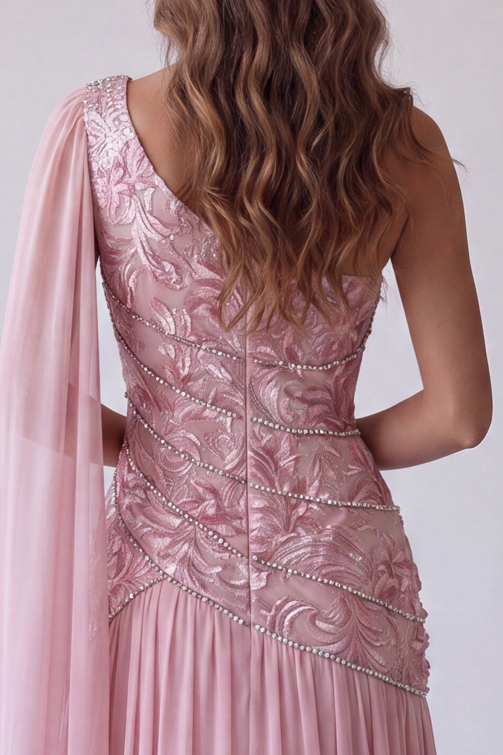 Pink Floral A Line Beaded One Shoulder Long Wedding Guest Dress with Side Cape