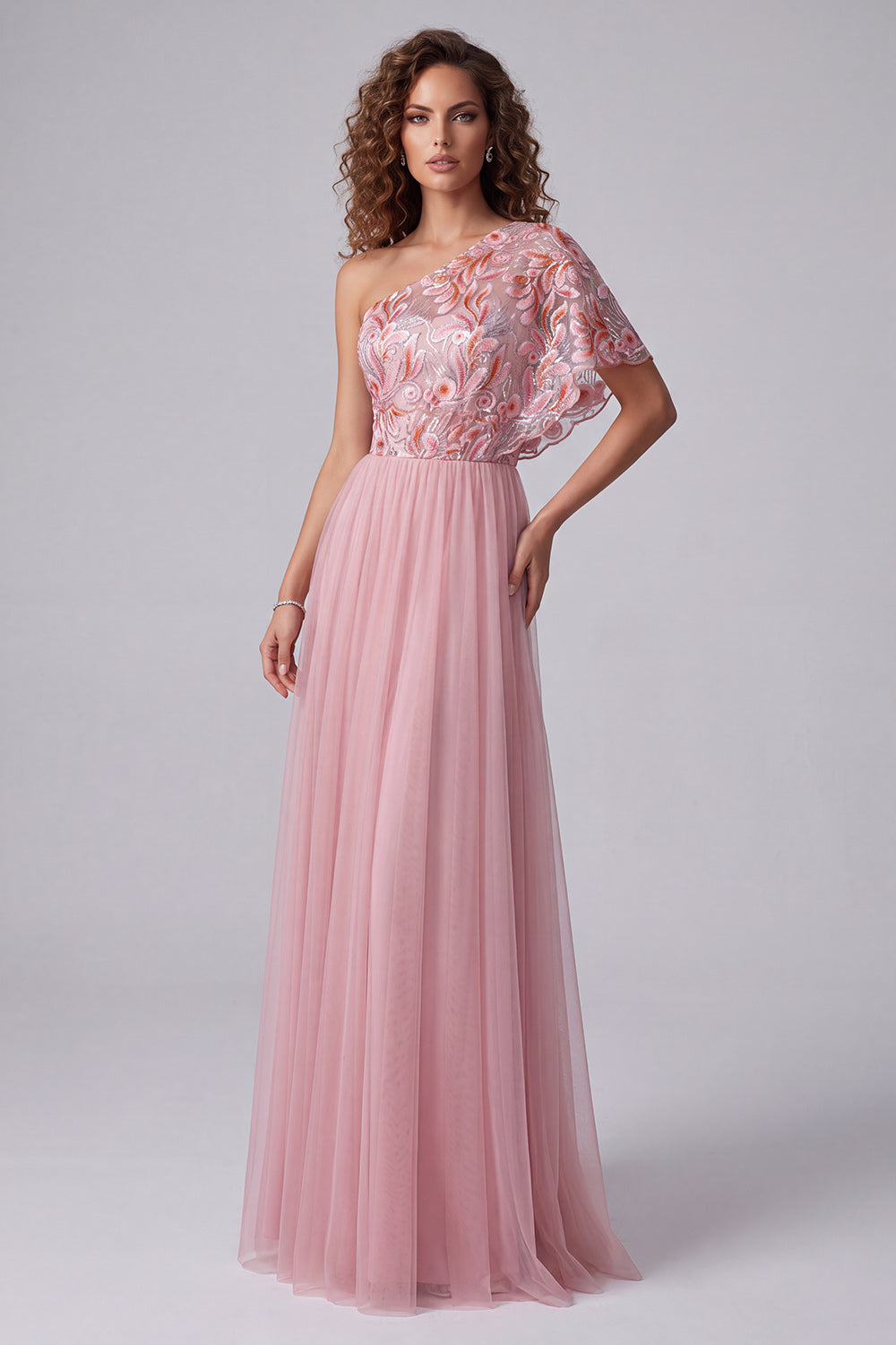 Lack Blue Floral A Line One Shoulder Long Wedding Guest Dress with Sleeve