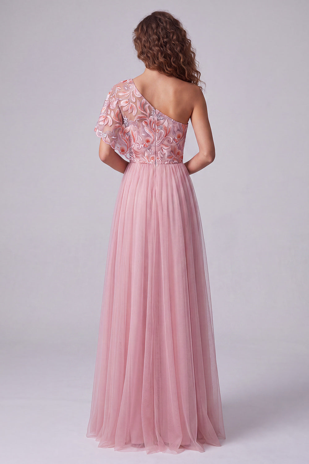 Lack Blue Floral A Line One Shoulder Long Wedding Guest Dress with Sleeve