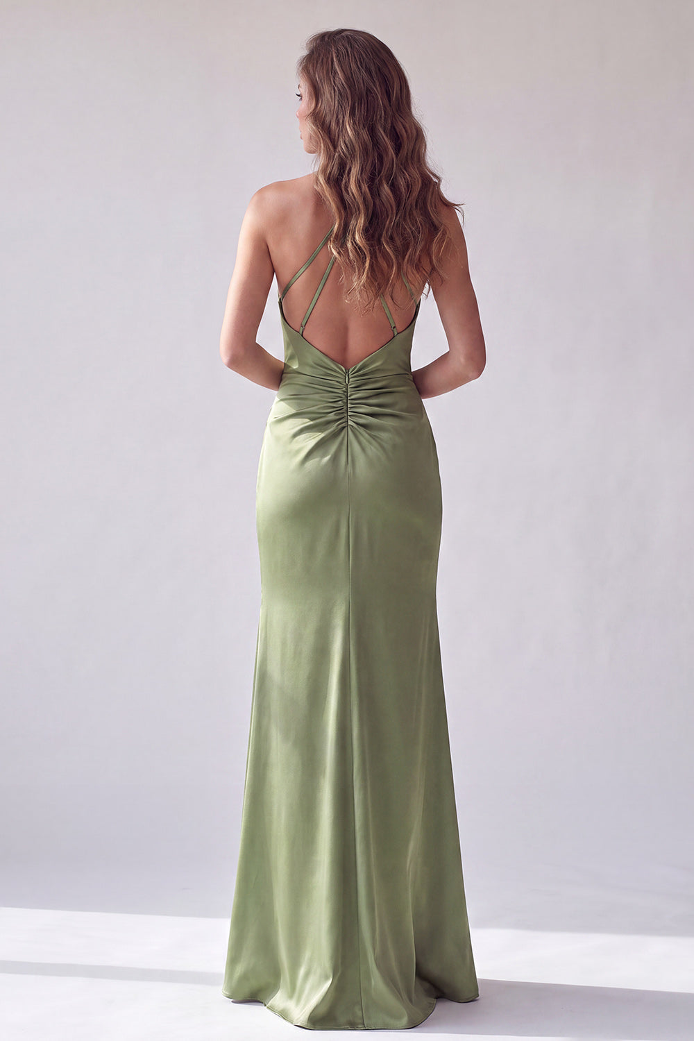 Green Mermaid Satin Simple Halter Ruched Long Wedding Guest Dress