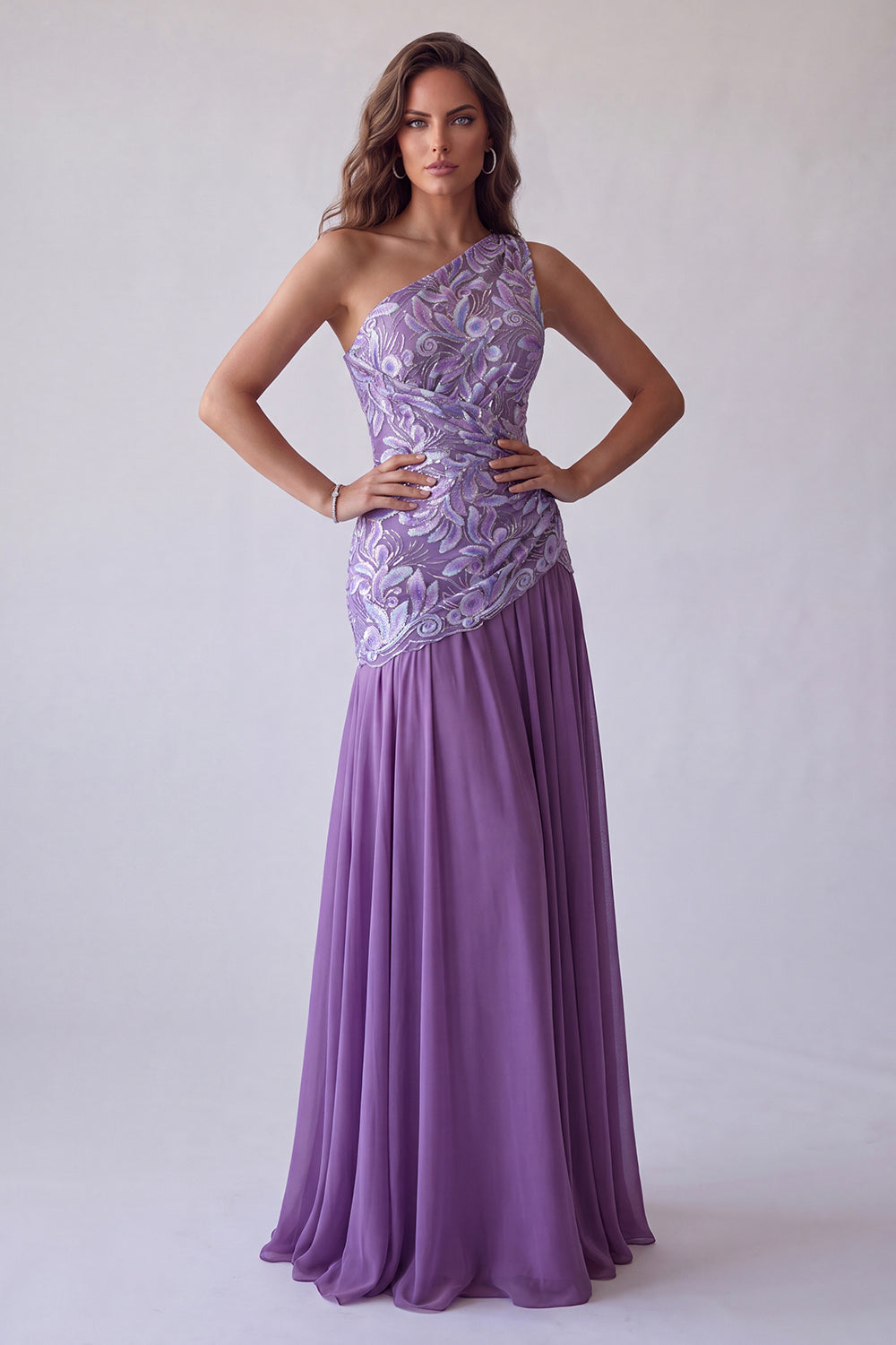Purple Floral One Shoulder A Line Long Wedding Guest Dress