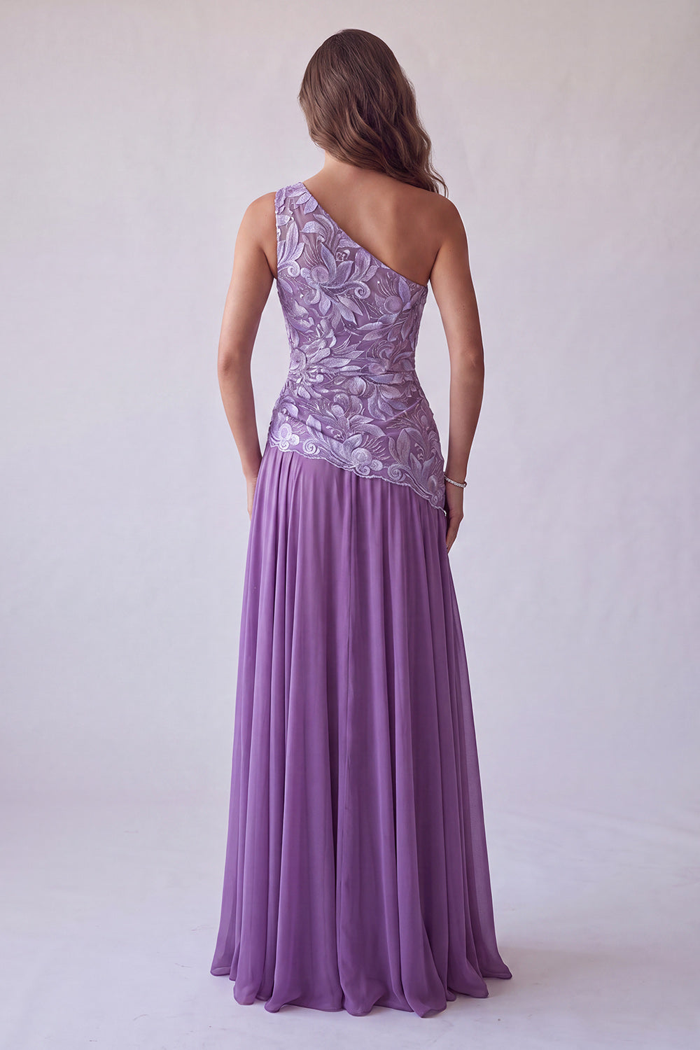 Purple Floral One Shoulder A Line Long Wedding Guest Dress