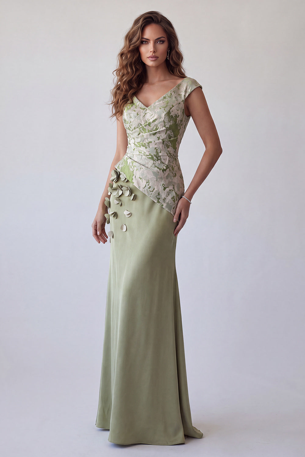 Floral Light Green Mermaid Ruched V-Neck Long Wedding Guest Dress