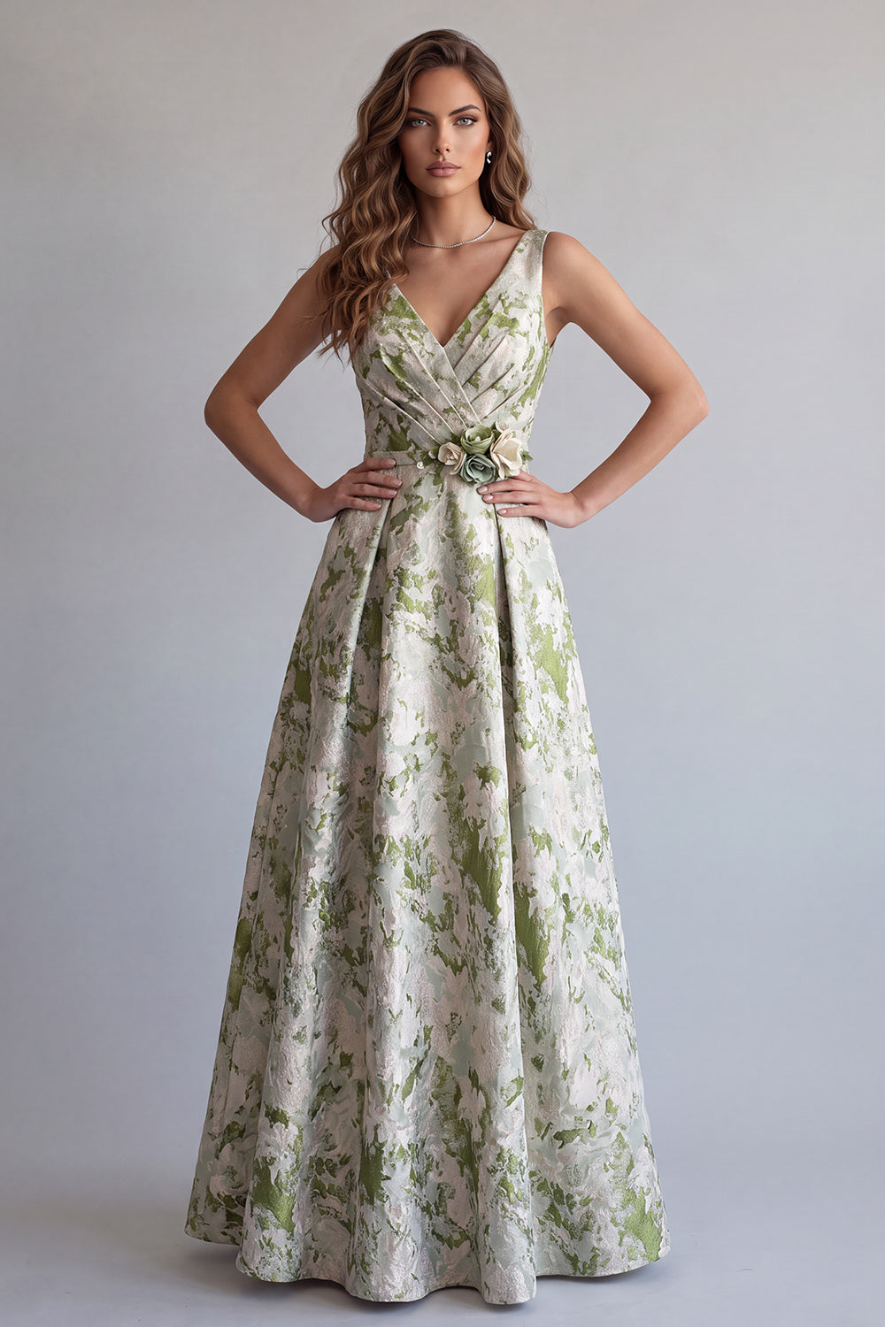 Light Green A Line V-Neck Jacquard Ruched Long Wedding Guest Dress with 3D Flowers