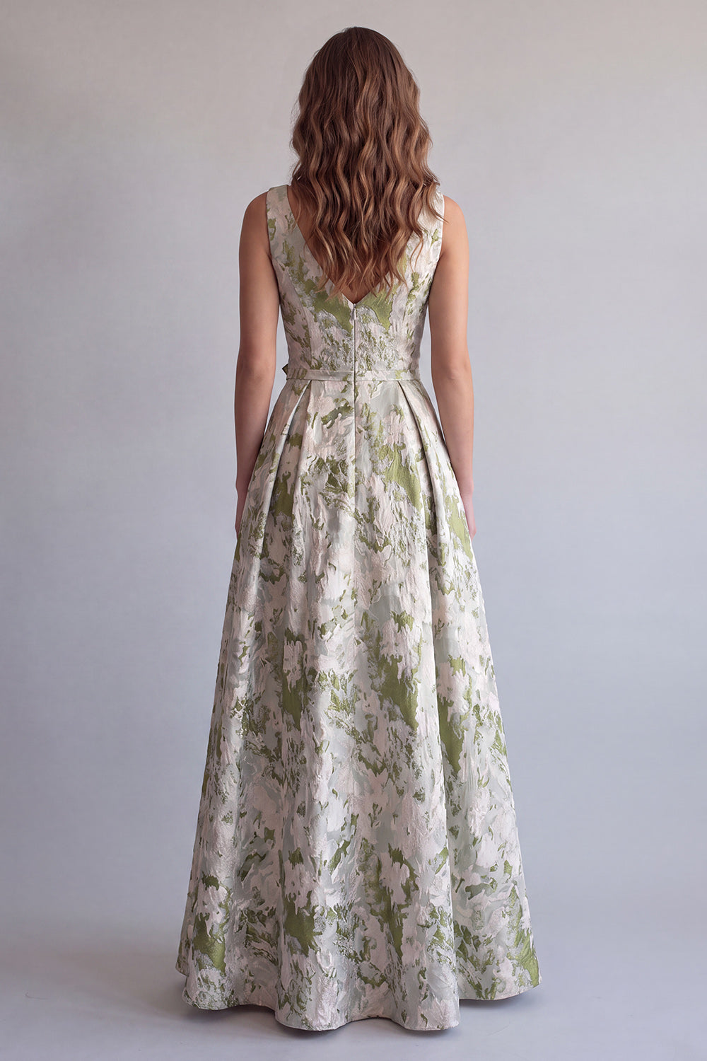 Light Green A Line V-Neck Jacquard Ruched Long Wedding Guest Dress with 3D Flowers