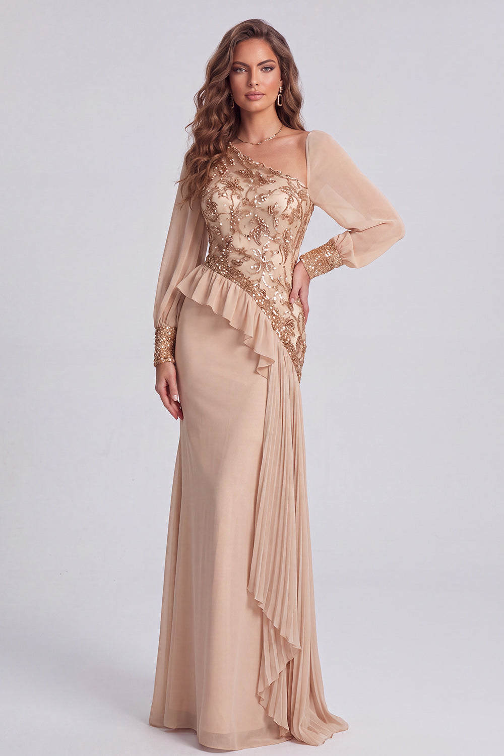 Floral Champagne Mermaid Sparkly Sequin Long Wedding Guest Dress with Sleeves