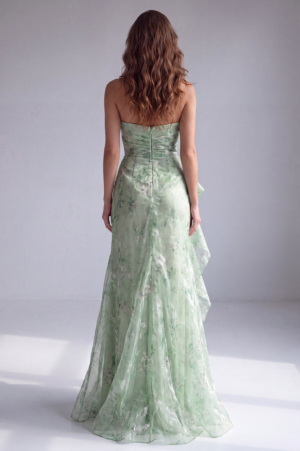 Floral Green Ruffled Mermaid Strapless Long Wedding Guest Dress