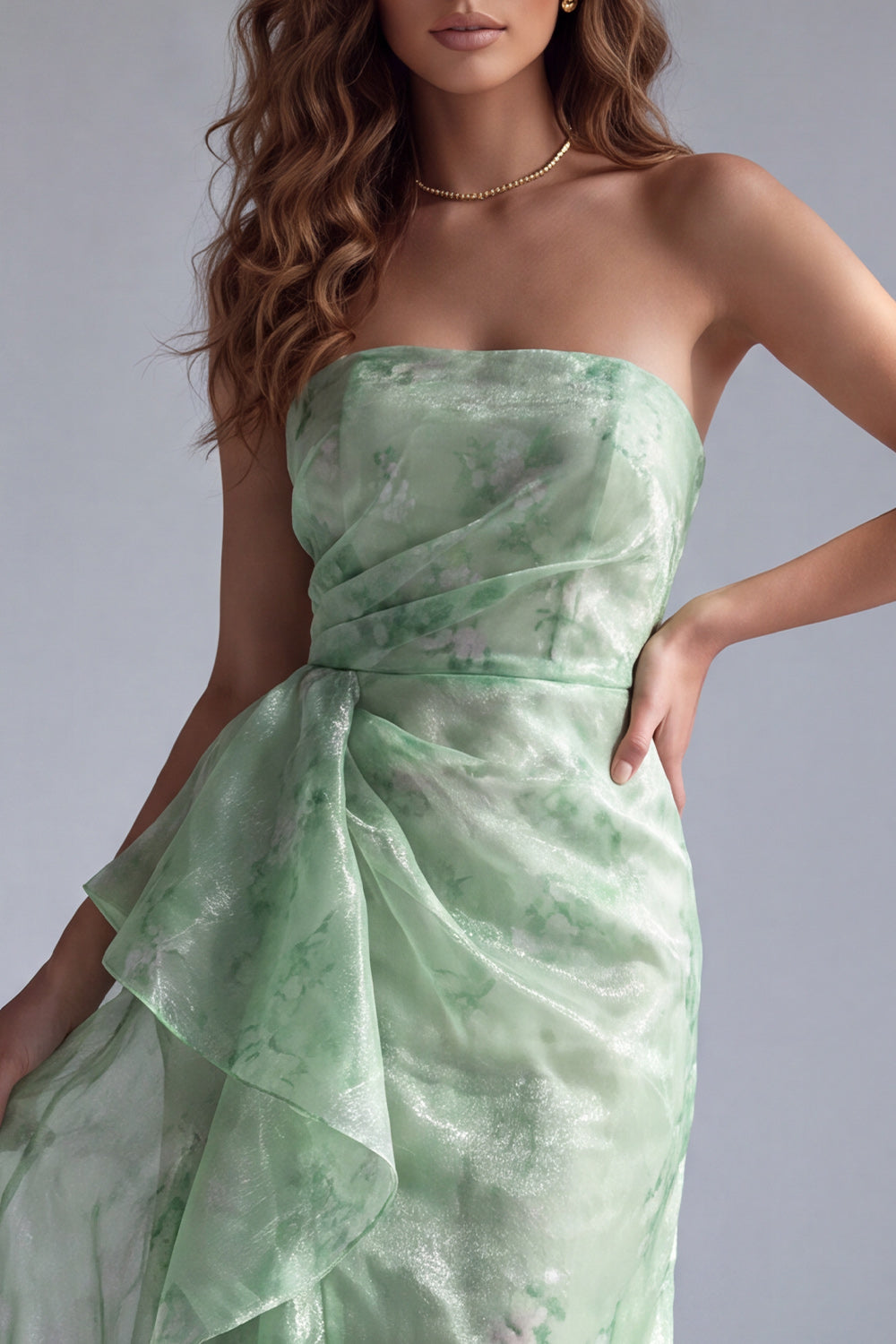 Floral Green Ruffled Mermaid Strapless Long Wedding Guest Dress