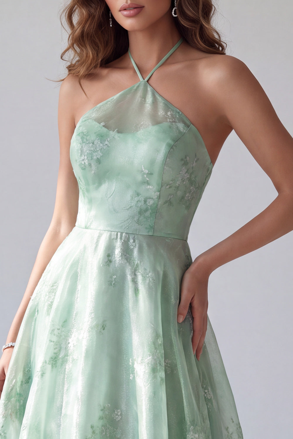 Green Floral A Line Halter Backless Long Wedding Guest Dress