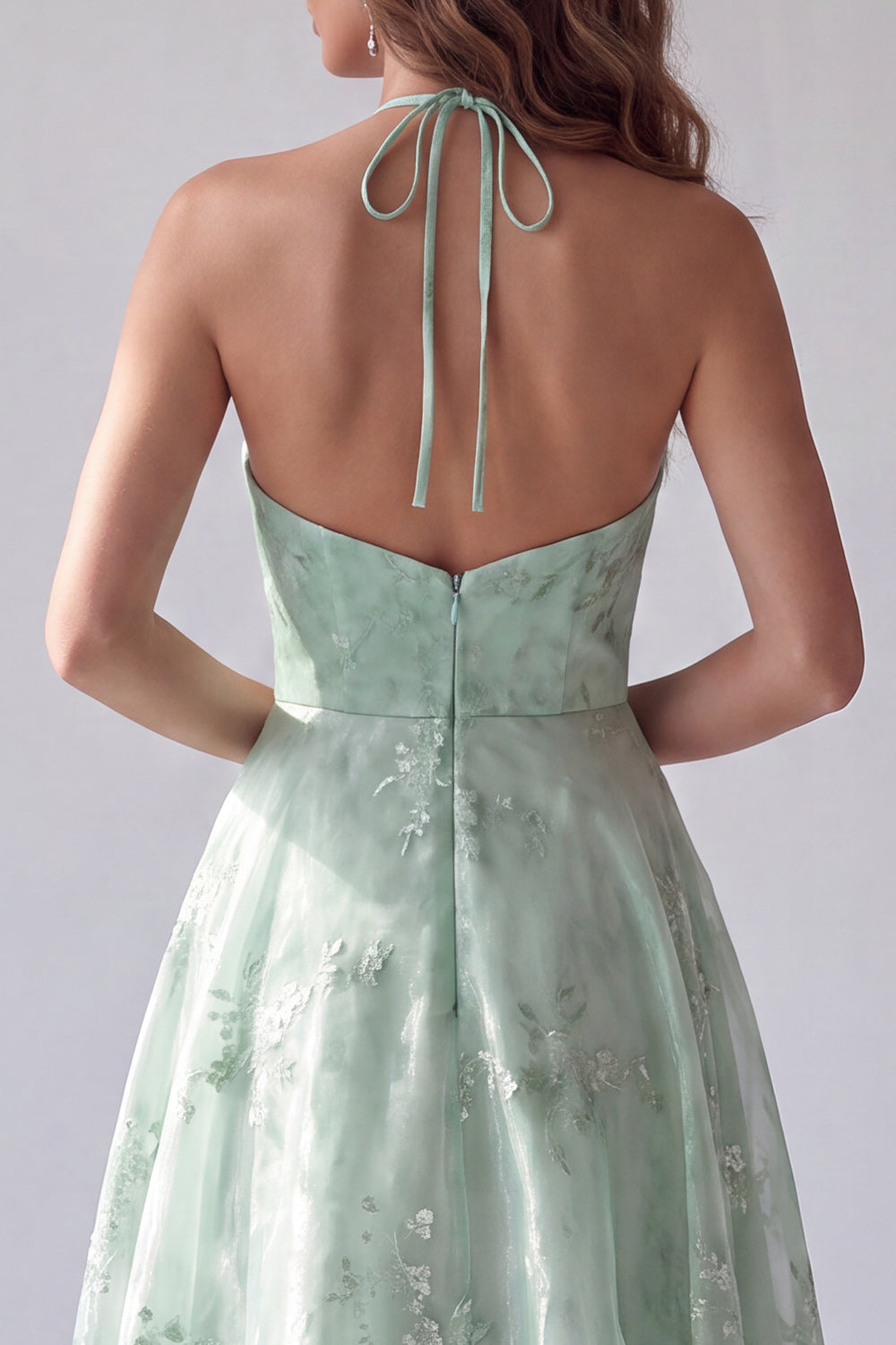 Green Floral A Line Halter Backless Long Wedding Guest Dress