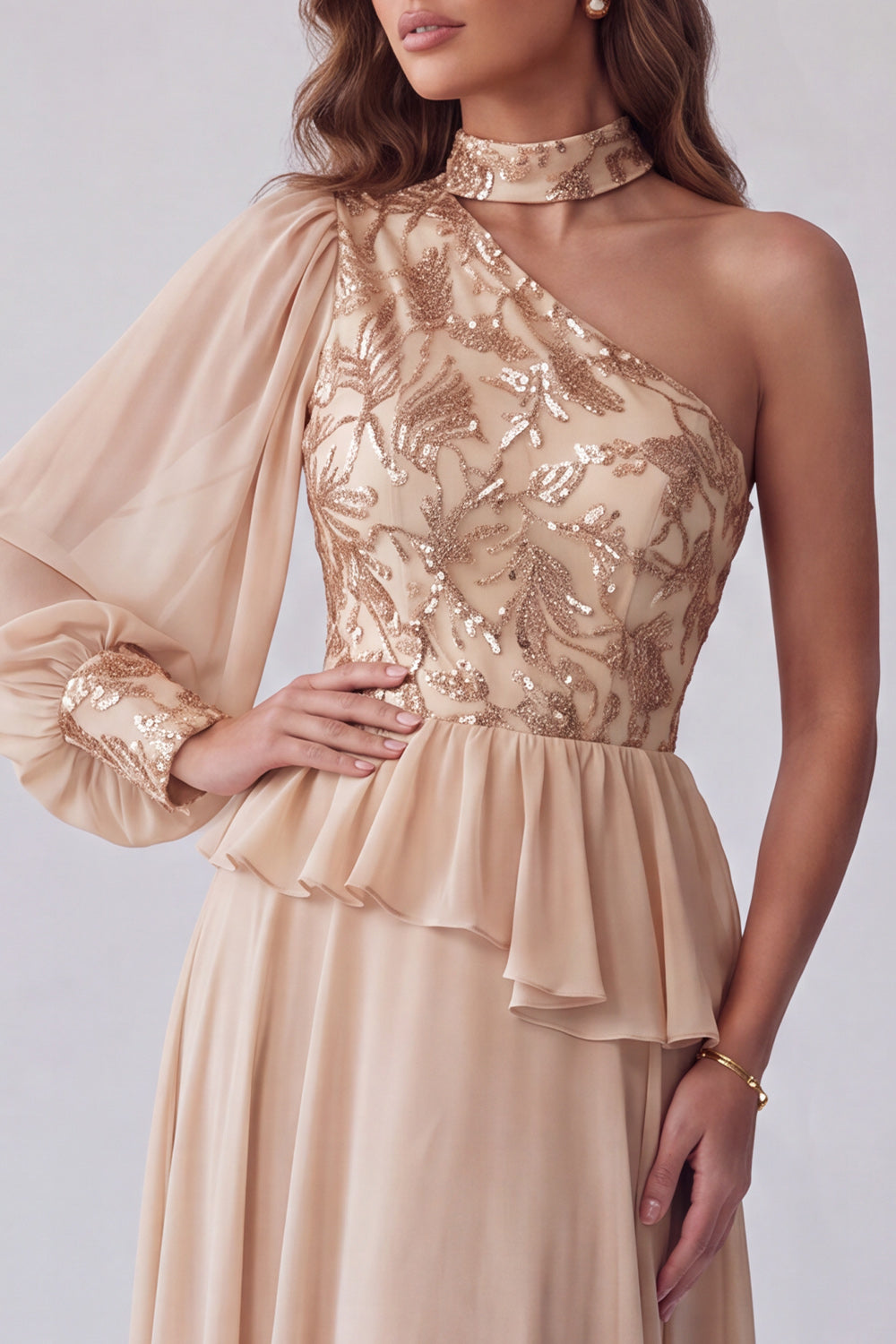 Champagne Floral A Line Sequin Sparkly Long Wedding Guest Dress with Sleeve