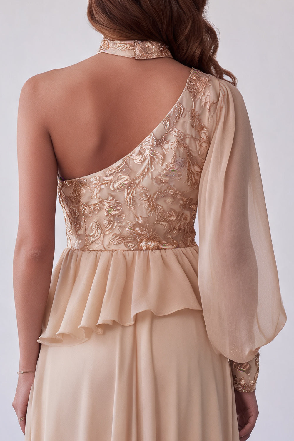 Champagne Floral A Line Sequin Sparkly Long Wedding Guest Dress with Sleeve