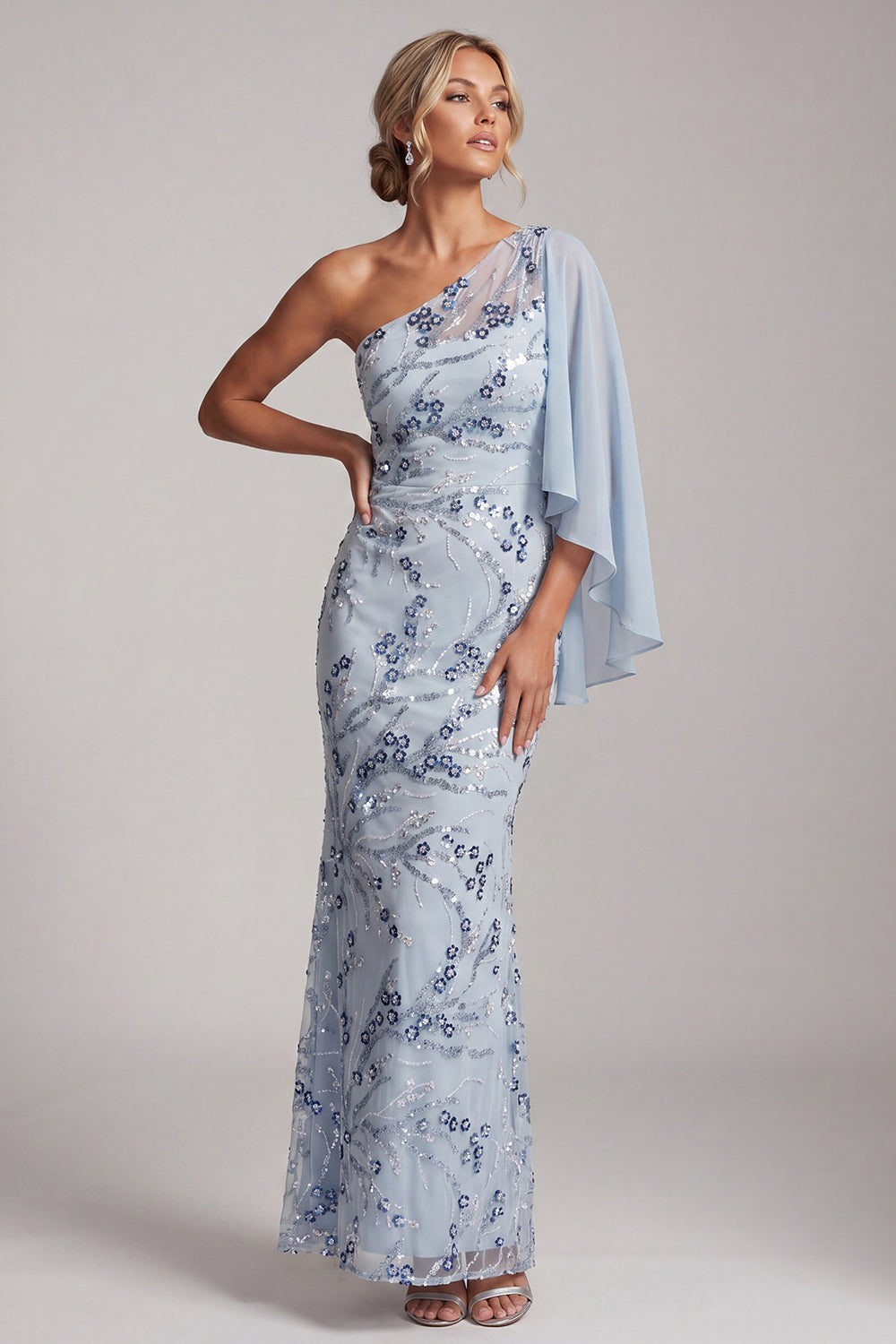 Floral Mermaid Sky Blue One Shoulder Long Wedding Guest Dress with Side Cape