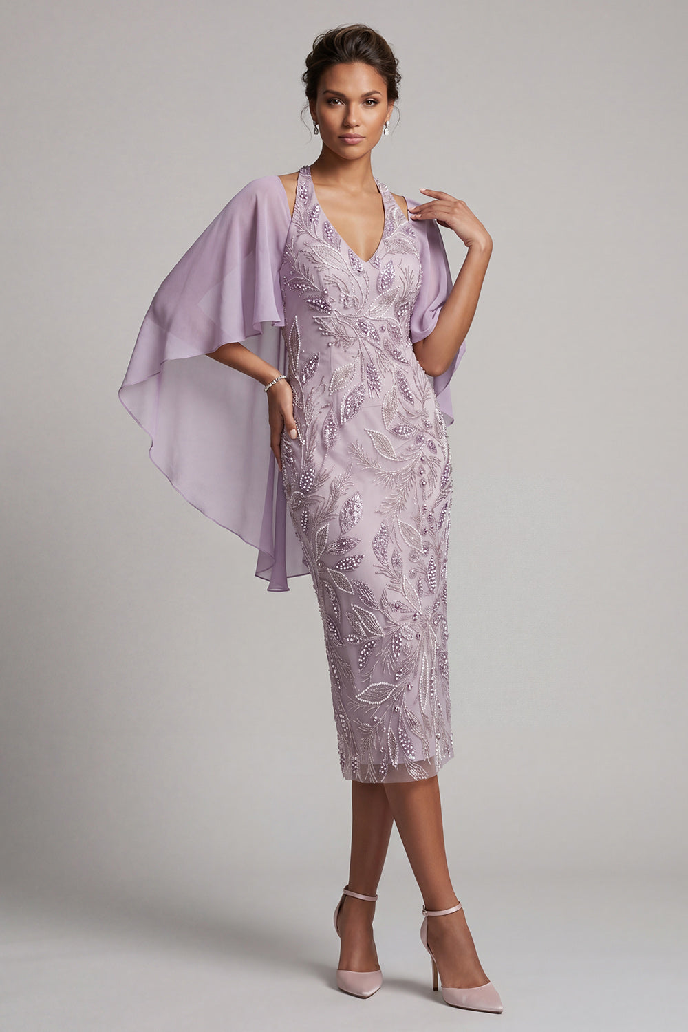 Floral Lilac Pencil Sparkly Halter Beaded Midi Wedding Guest Dress with Cape