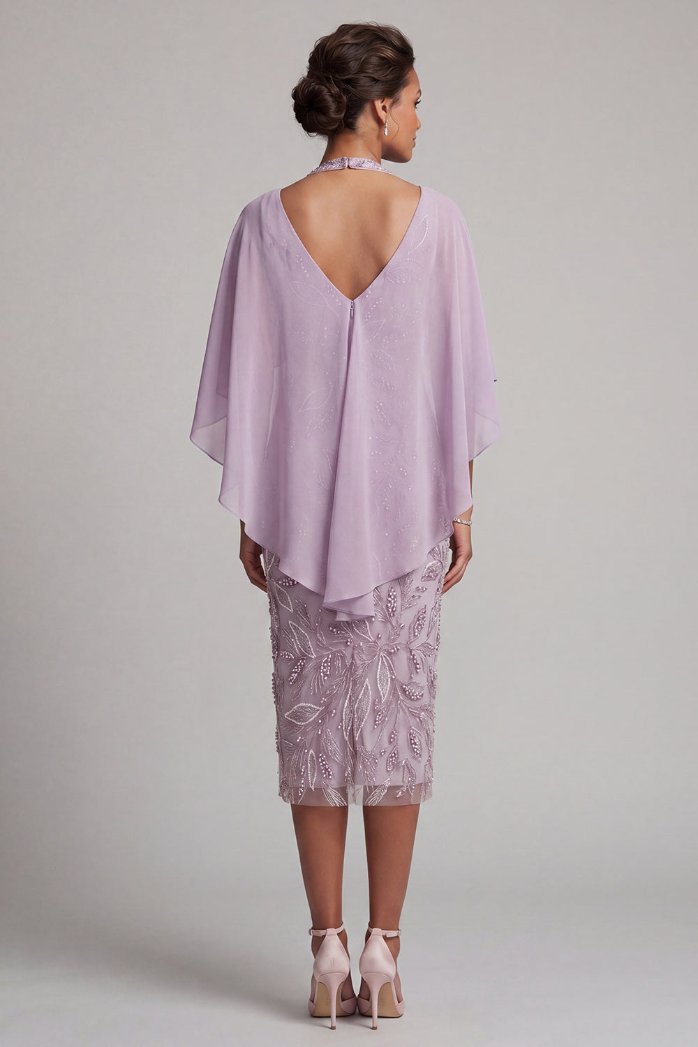 Floral Lilac Pencil Sparkly Halter Beaded Midi Wedding Guest Dress with Cape