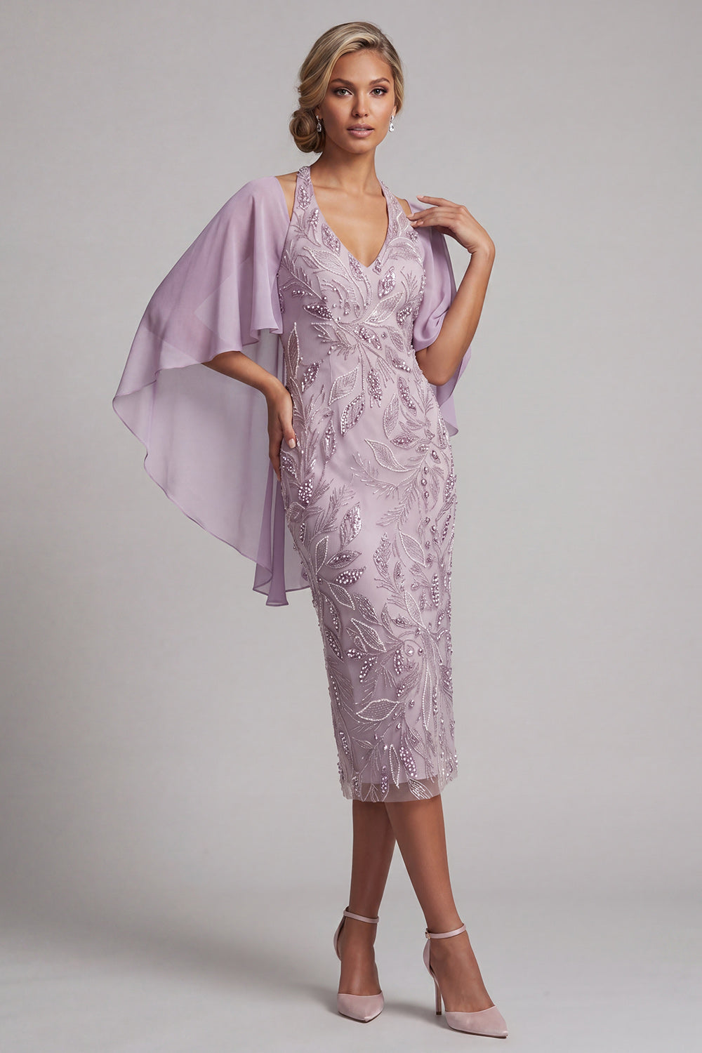 Floral Lilac Pencil Sparkly Halter Beaded Midi Wedding Guest Dress with Cape